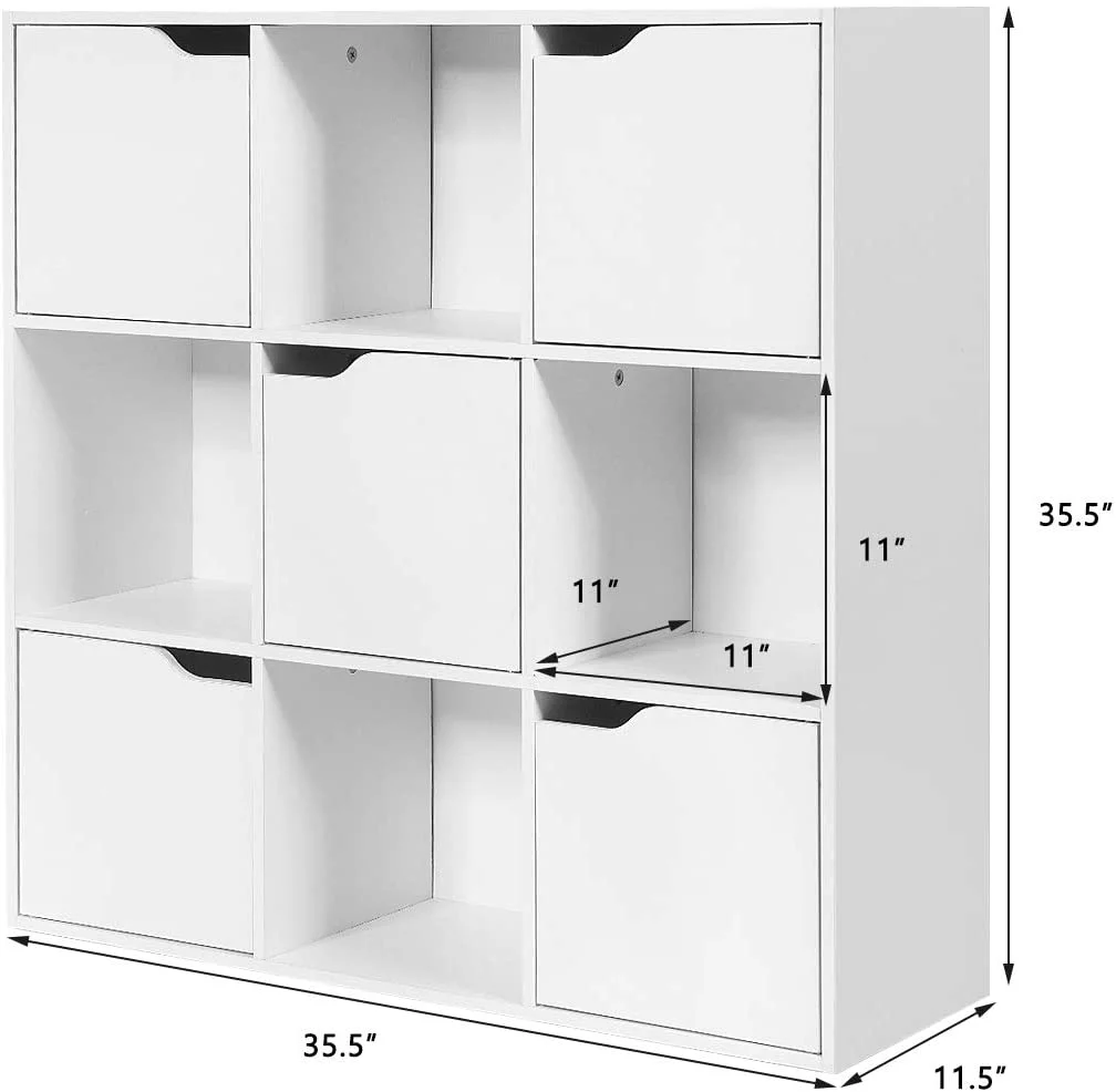 9-Cube Storage Organizer, Storage Cabinet with 4 Open Cubes and 5 Cabinets, Free Standing Wooden Cubby Bookcase, Compartment Units for Home Office, 3-Tier Bookshelf for Books, Toys