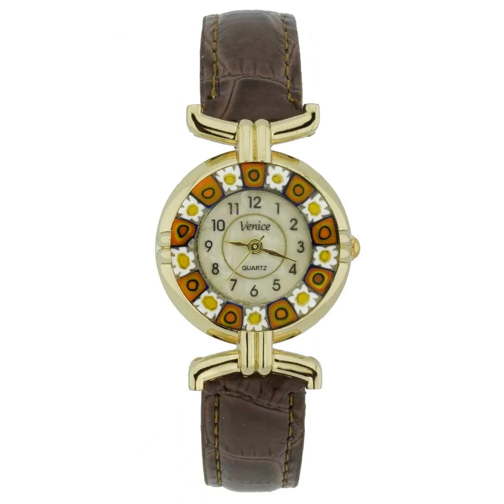 GlassOfVenice Murano Glass Millefiori Watch with Leather Band - Brown