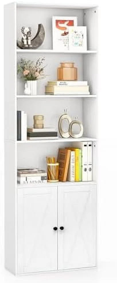 TJCGDTY Tall Bookcase with Doors  Farmhouse 71" H Freestanding Bookshelf with 6 Shelves & 2-Door Cabinet  Display  with Adjustable  for Living Room Study (White  71")