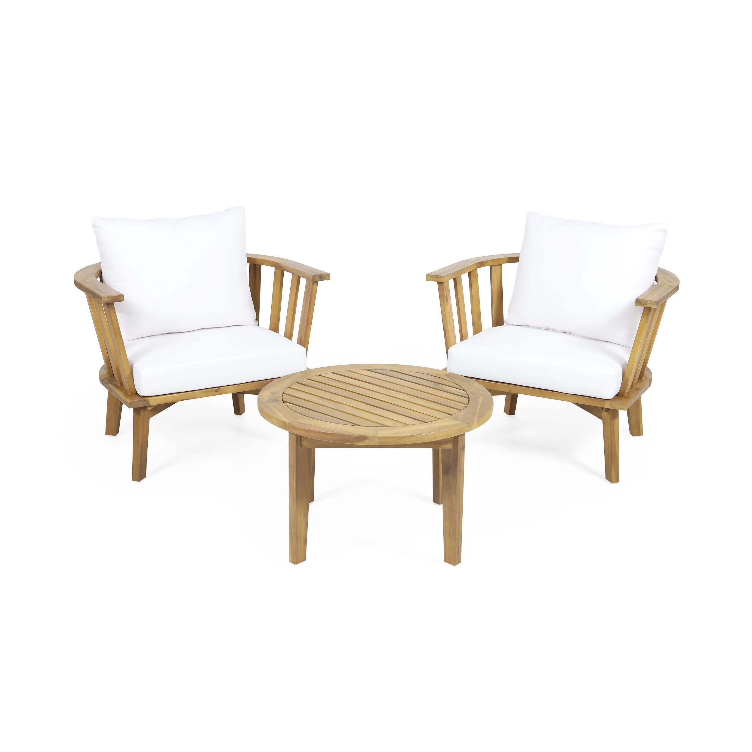 Nehemiah Outdoor 2 Seater Wooden Chat Set with Round Coffee Table, White, Teak Finish