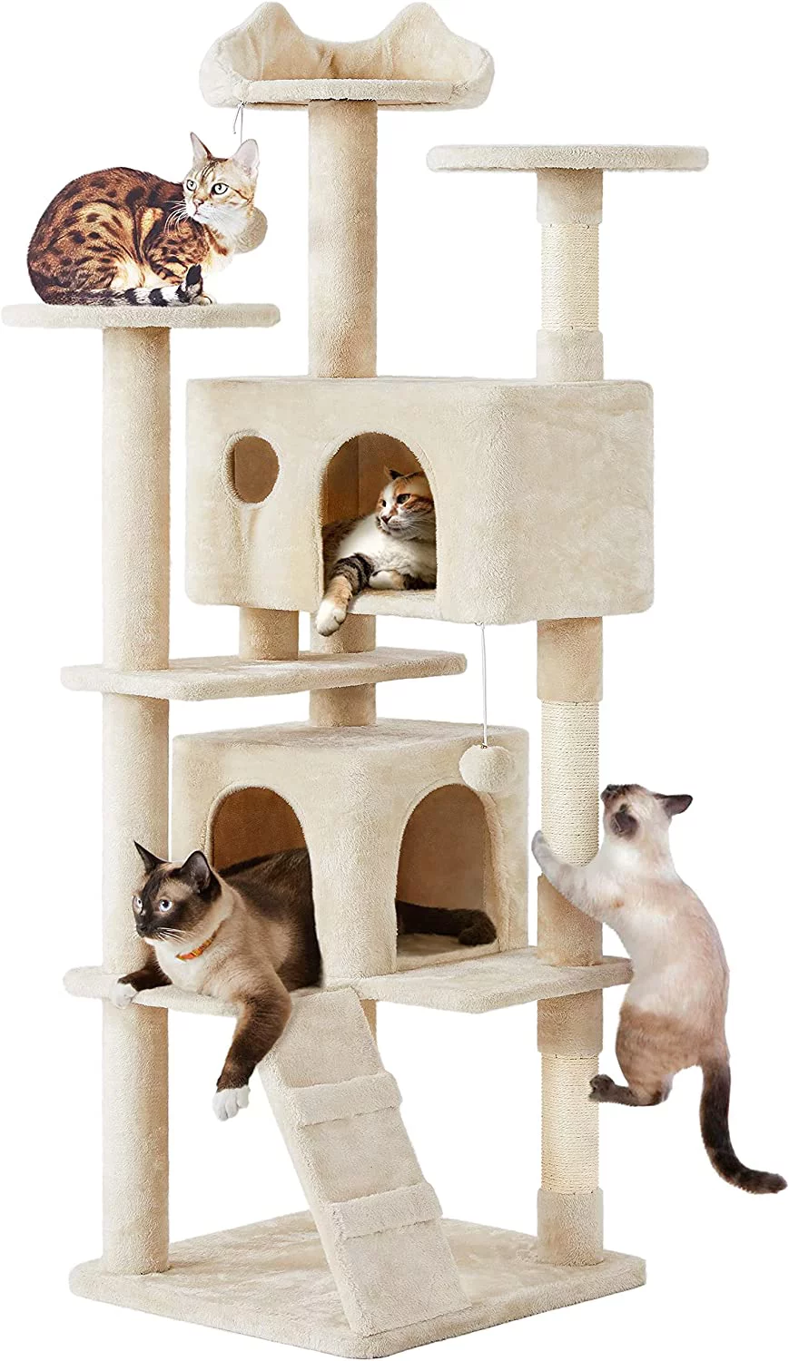 70in Tall Cat Tree: Multi-Level Tower with Scratching Posts, Double Caves, Perched Platforms, Dangling Balls, Beige