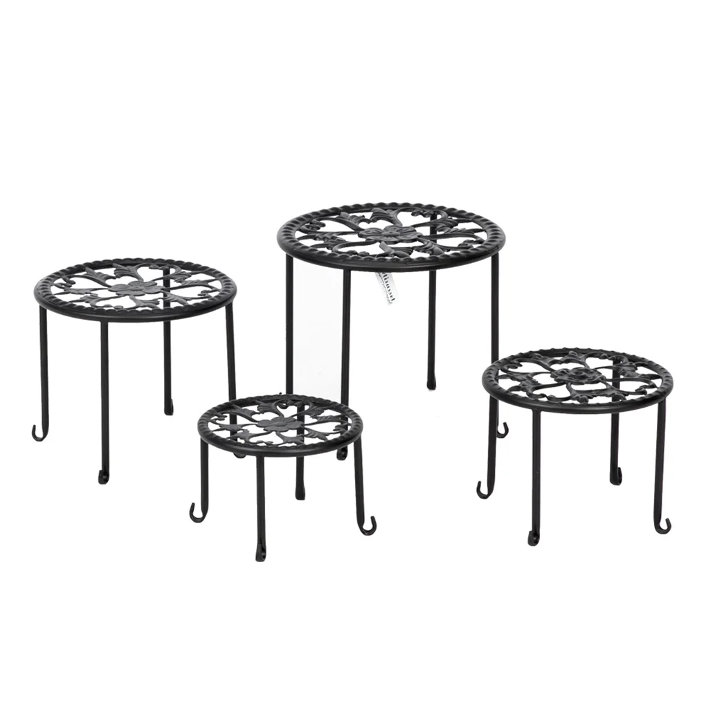 4 Pcs Round Pot Plant Stands with Paint Prints Metal Indoor Garden Flower Display Shelf Rack