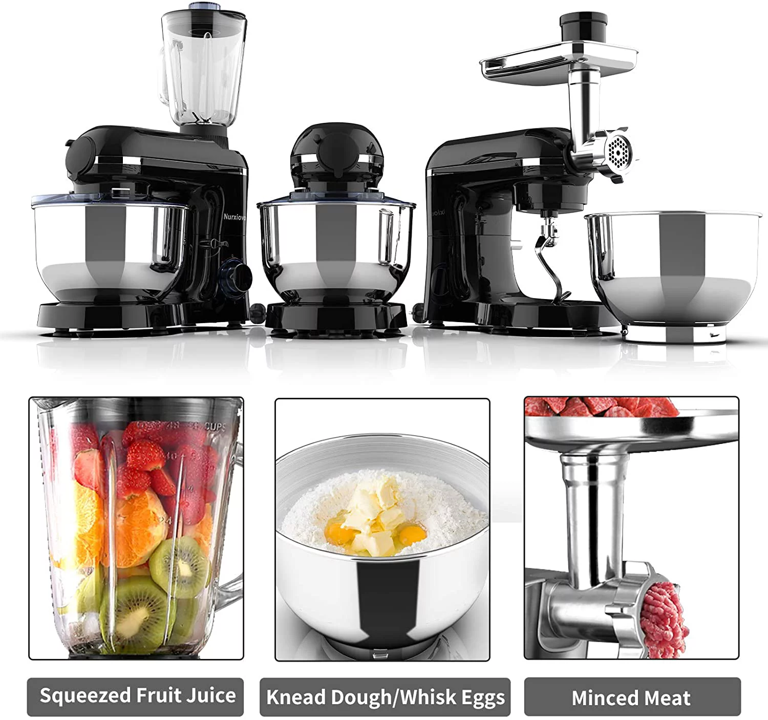 Nurxiovo Stand Mixer 850W 6 Speed Tilt-Head Kitchen Mixer with 6.5QT Mixer with Stainless Steel Bowl, Dough Hook Whisk Beater, Multifunction 3 in 1 Standing Mixers and Juice Extractor Black