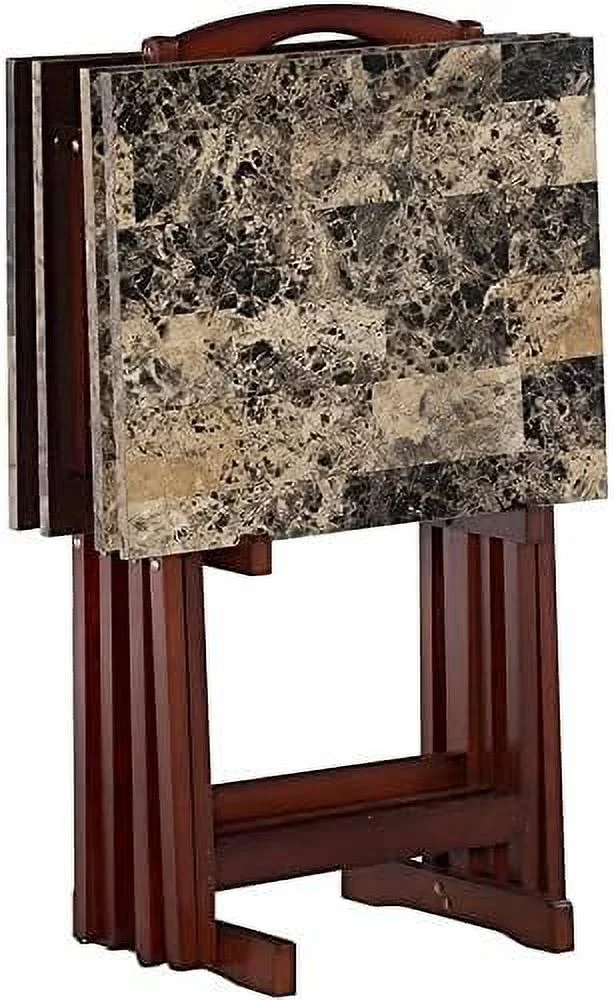 FDXCKJP 5 Piece Set Compass Print Wood Folding TV Tray Table Stand in Gray  4 Tray Tables & 1 Stand