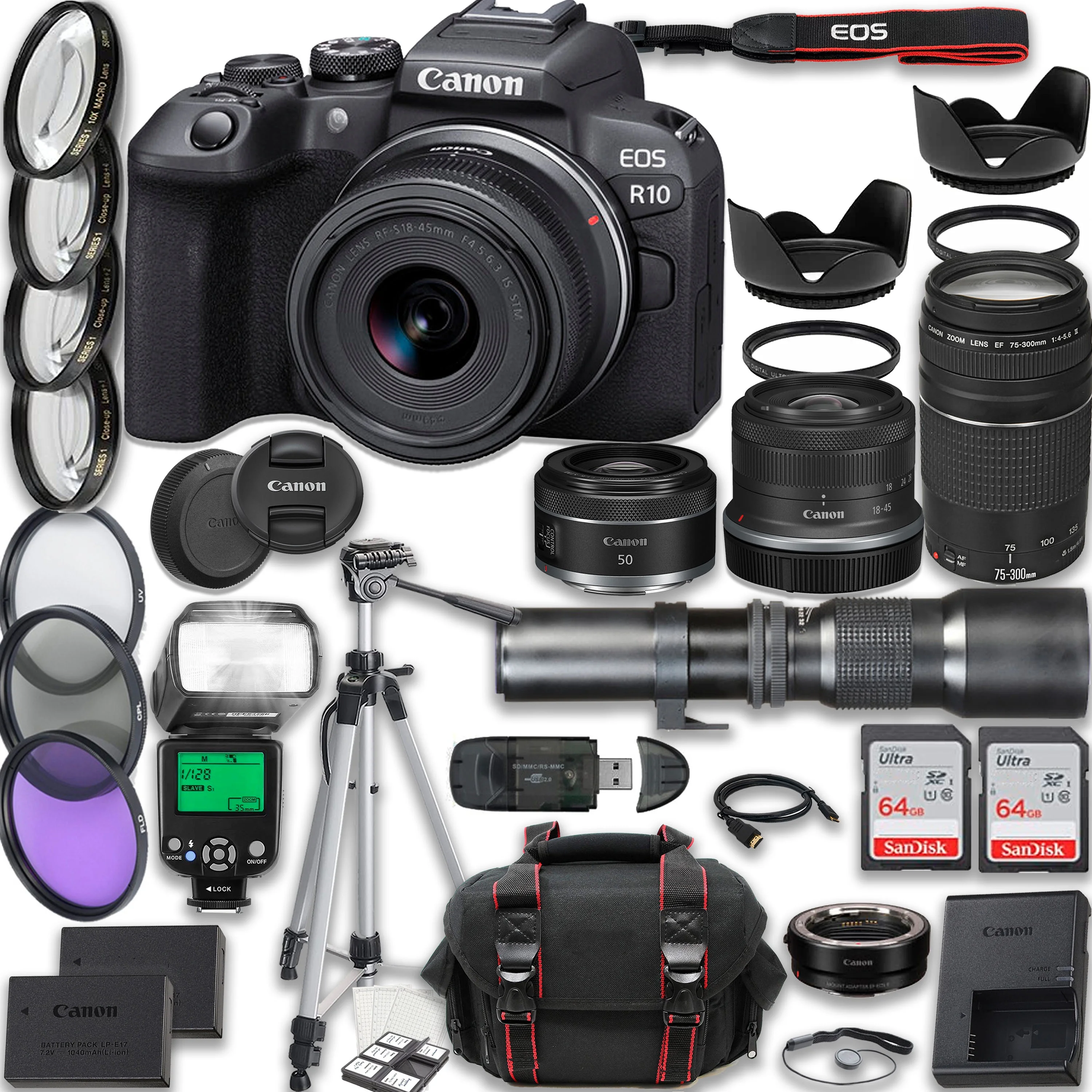 Canon EOS R10 Mirrorless Camera with Canon RF-S 18-45mm IS STM + EF 75-300mm f/4-5.6 III + RF 50mm f/1.8 STM + 500mm f/8 Focus Lenses + 2X 64GB Memory Cards, TTL Flash, Extra Battery, Case & More