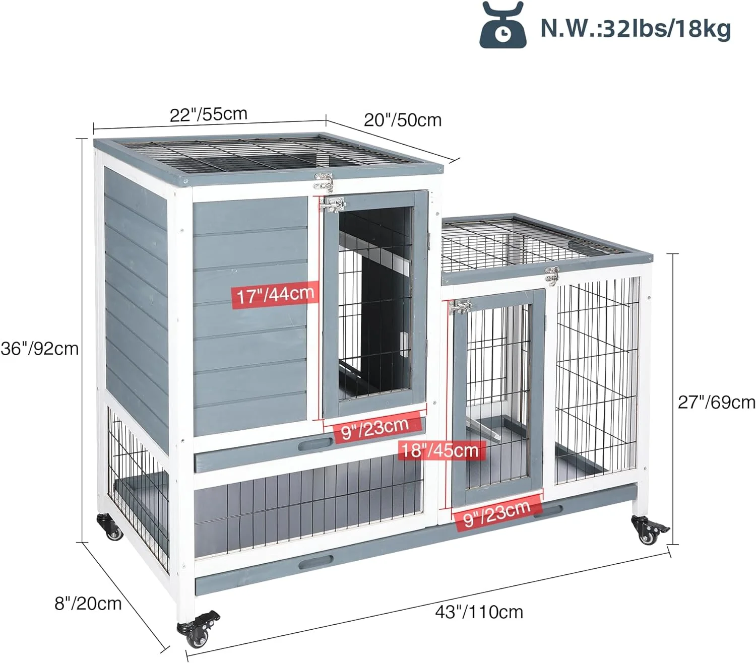 Lineslife Wooden Rabbit Hutch with Wheels Indoor Outdoor, Large Bunny Cage with Openable Roof, Pull Out Tray and ramp for Small Animals, Grey-2 Floor