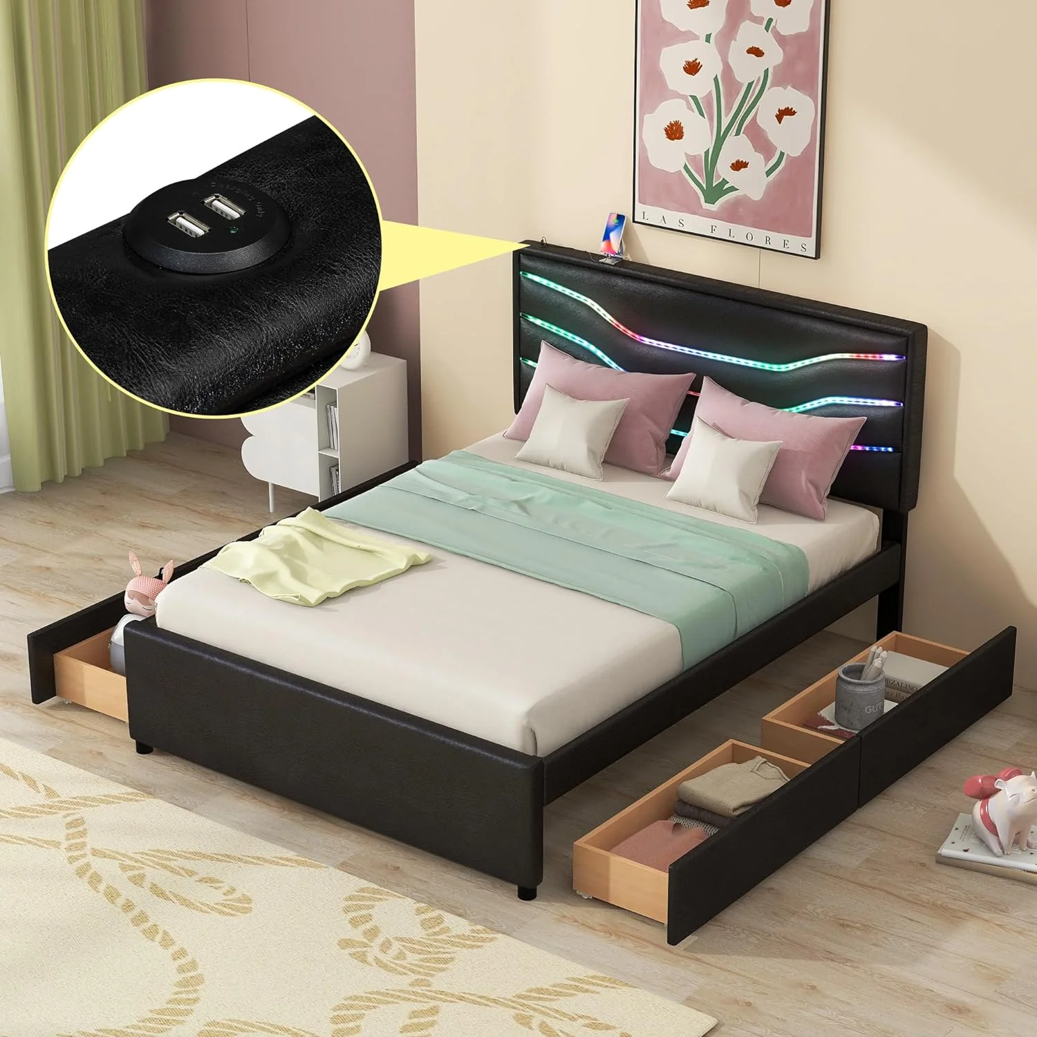 Queen Bed Frame With Storage Drawers, LED Upholstered Platform Bed With Headboard And USB Charging Port, No Box Spring Needed, Faux Leather, Black