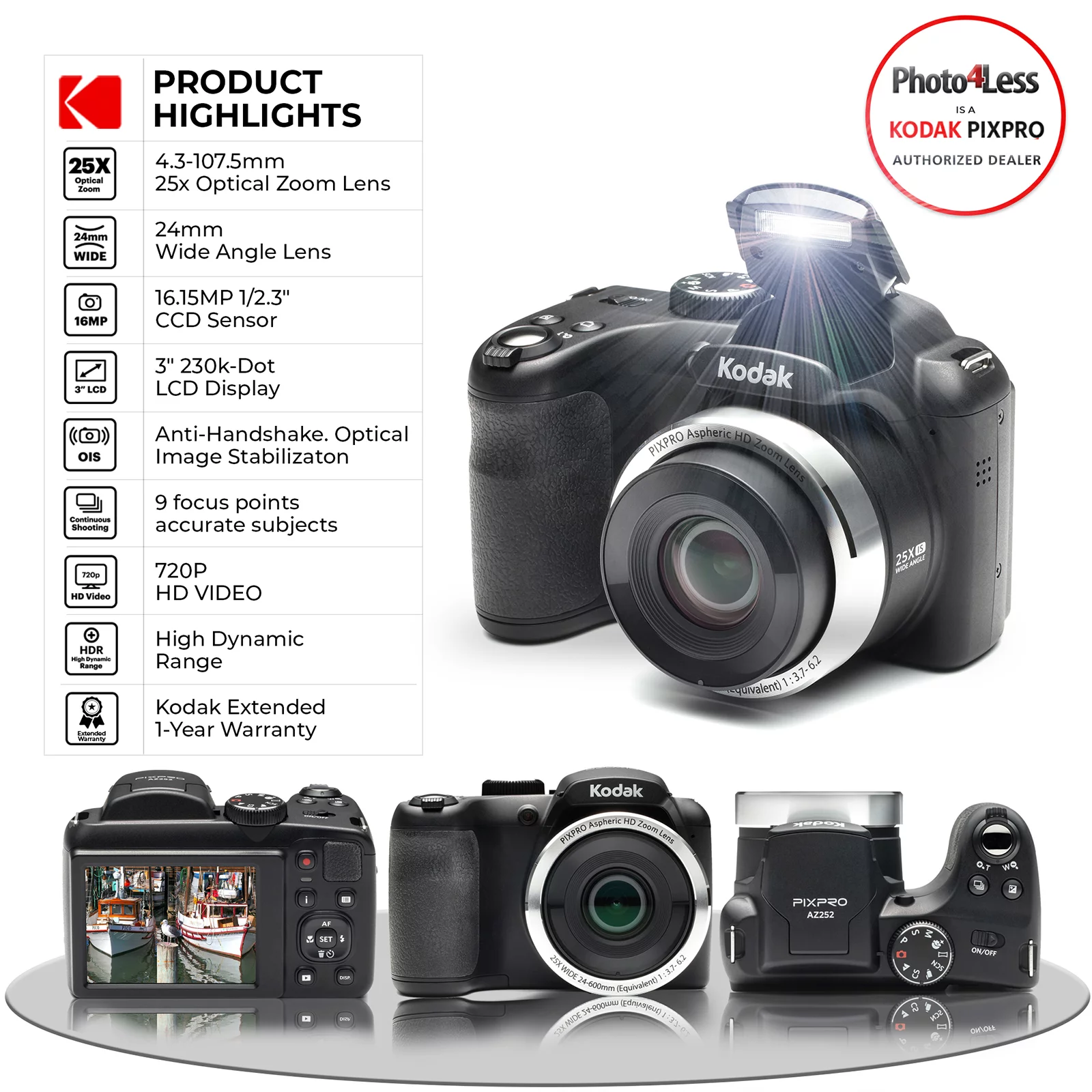 Kodak PIXPRO AZ252 Digital Camera (Black) + 16GB Memory Card + Accessories