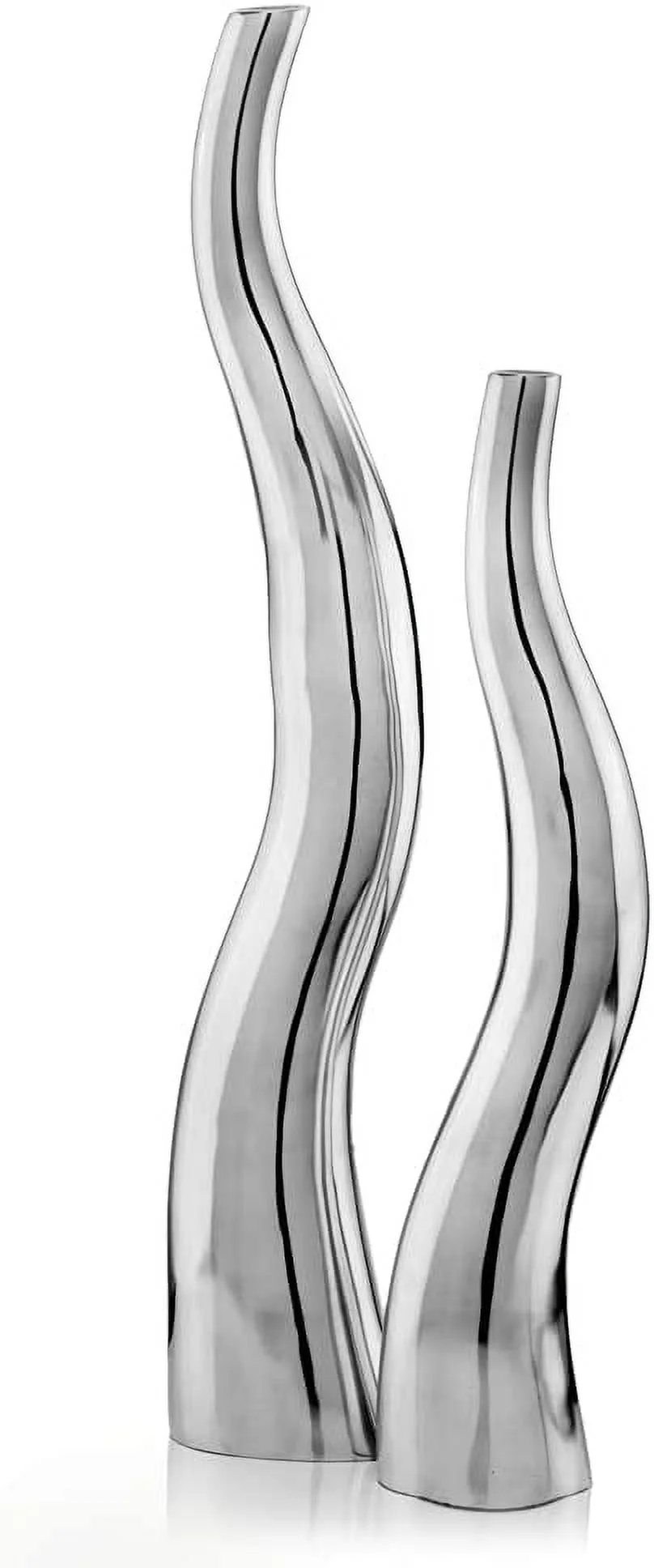 6586 Curva Tall Wiggly Vases Set Of 2, Silver, Aluminum, Contemporary, Modern, Popular, Glam, Floor Standing, Large 6