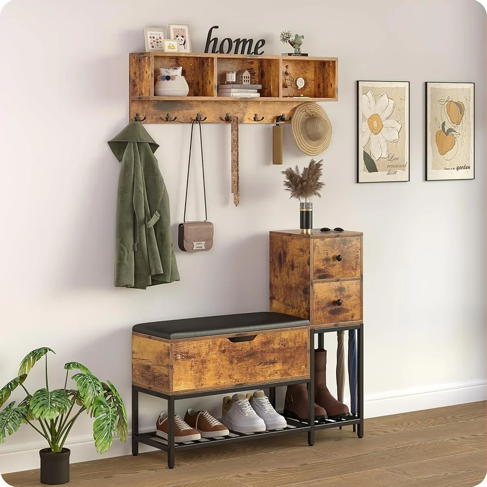 CHNBVC 39" Coat Rack Shoe Bench Set with Flip Top Box and 2 Drawers  Entryway Bench with Shoe  7 in 1 Entryway Bench with Coat Rack   Bench with 7 Coat Hooks& 2 Umbrella-Wood