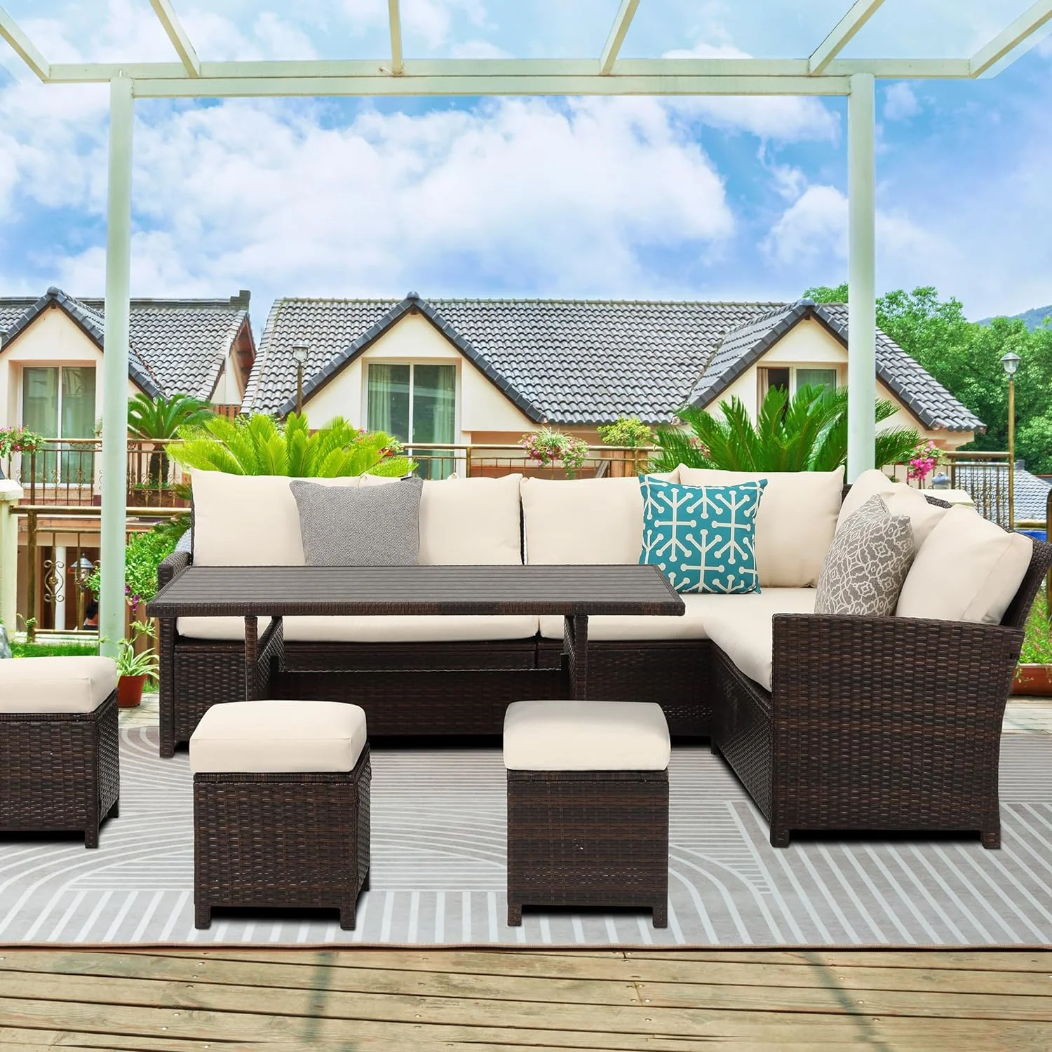 Superjoe Patio Furniture Conversation Set, 7 Piece High Curved Back All Weather Wicker Outdoor Dining Sectional Sofa with Dining Table and Chair, Ivory