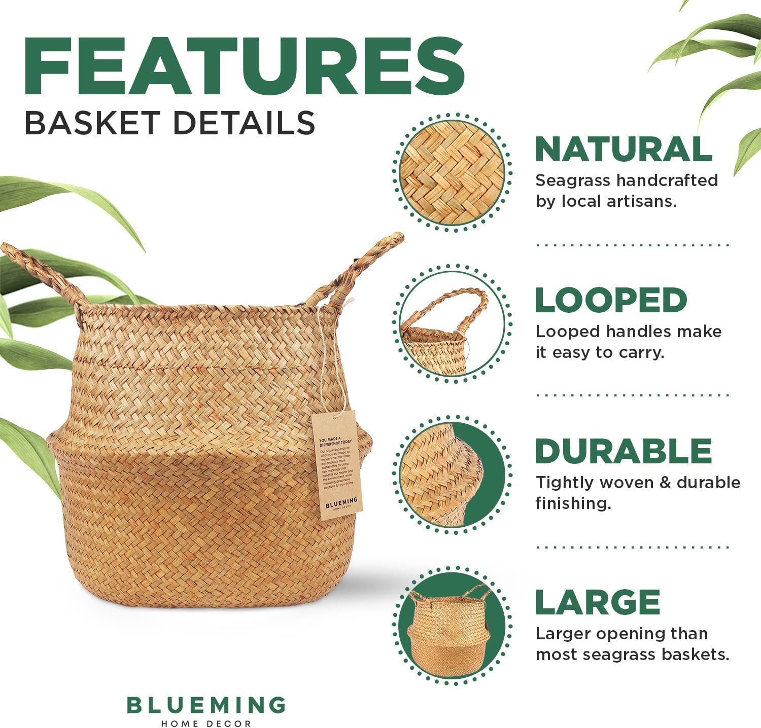 Blueming Home Decor Plant Basket – Seagrass Belly Basket Planter for Tall Indoor Plants, Round Woven Rattan Wicker Baskets for 9-10 Inch Plant Pots (Original, Large)