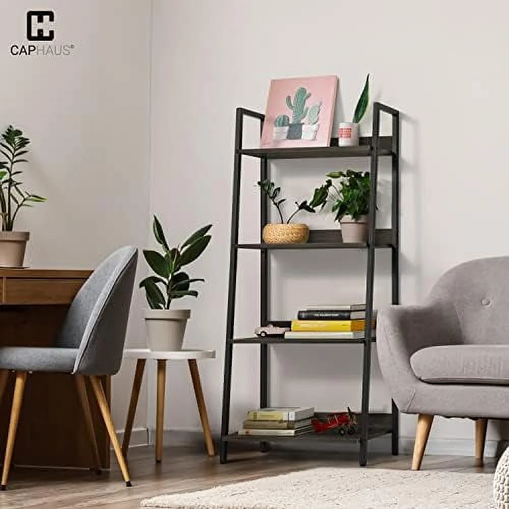 JYHOME 5 Tier Ladder Bookshelf  24 Inch Width Free Standing   Bookcase   Rack Organizer  Industrial Book Shelves for Home Office  Living Room  Kitchen  White Shelves & Gold Frame