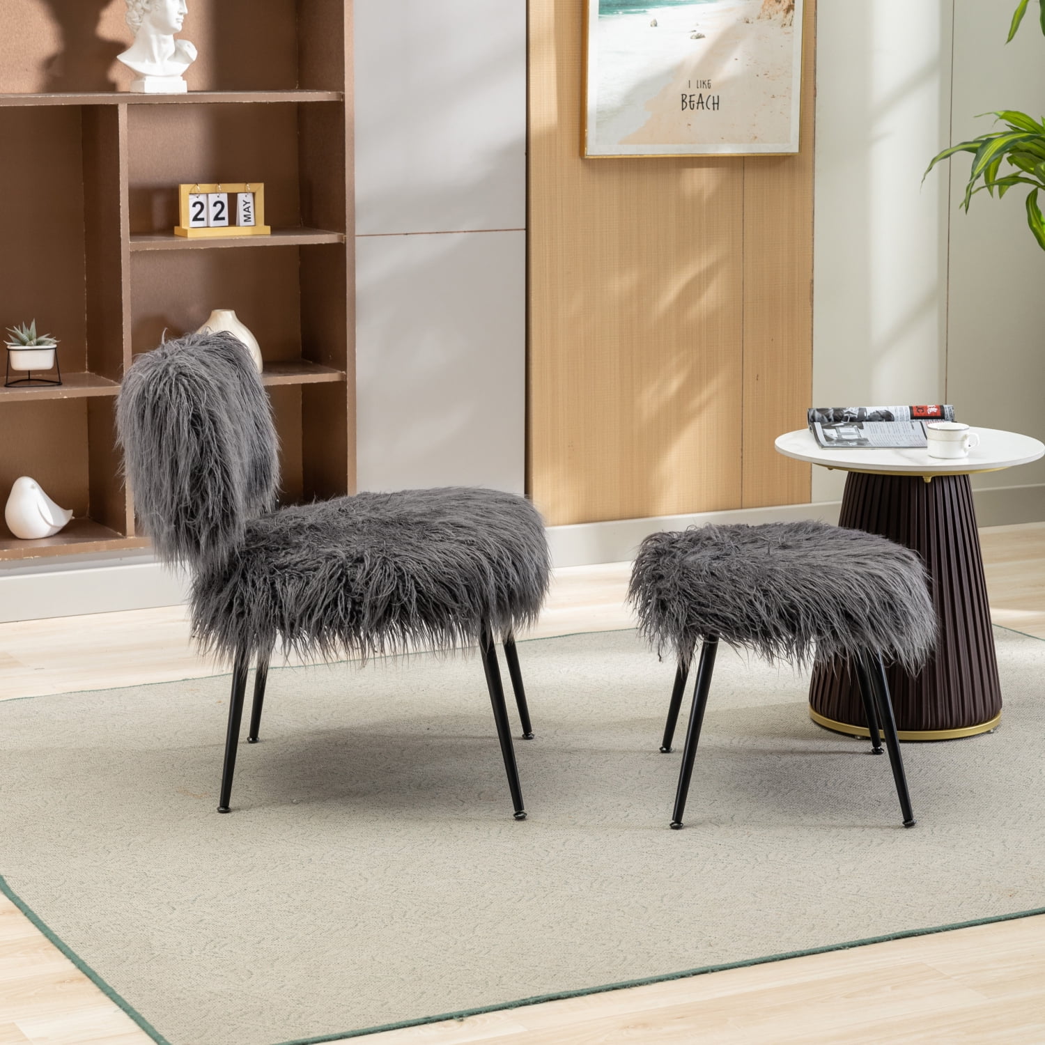 Comfortable and Stylish 25.2‘‘ Wide Gray Faux Fur Plush Accent Chair with Ottoman - Fluffy Upholstered Armless Chair and Stool for Living Room or Bedroom - Mid Century Modern Design - Rel