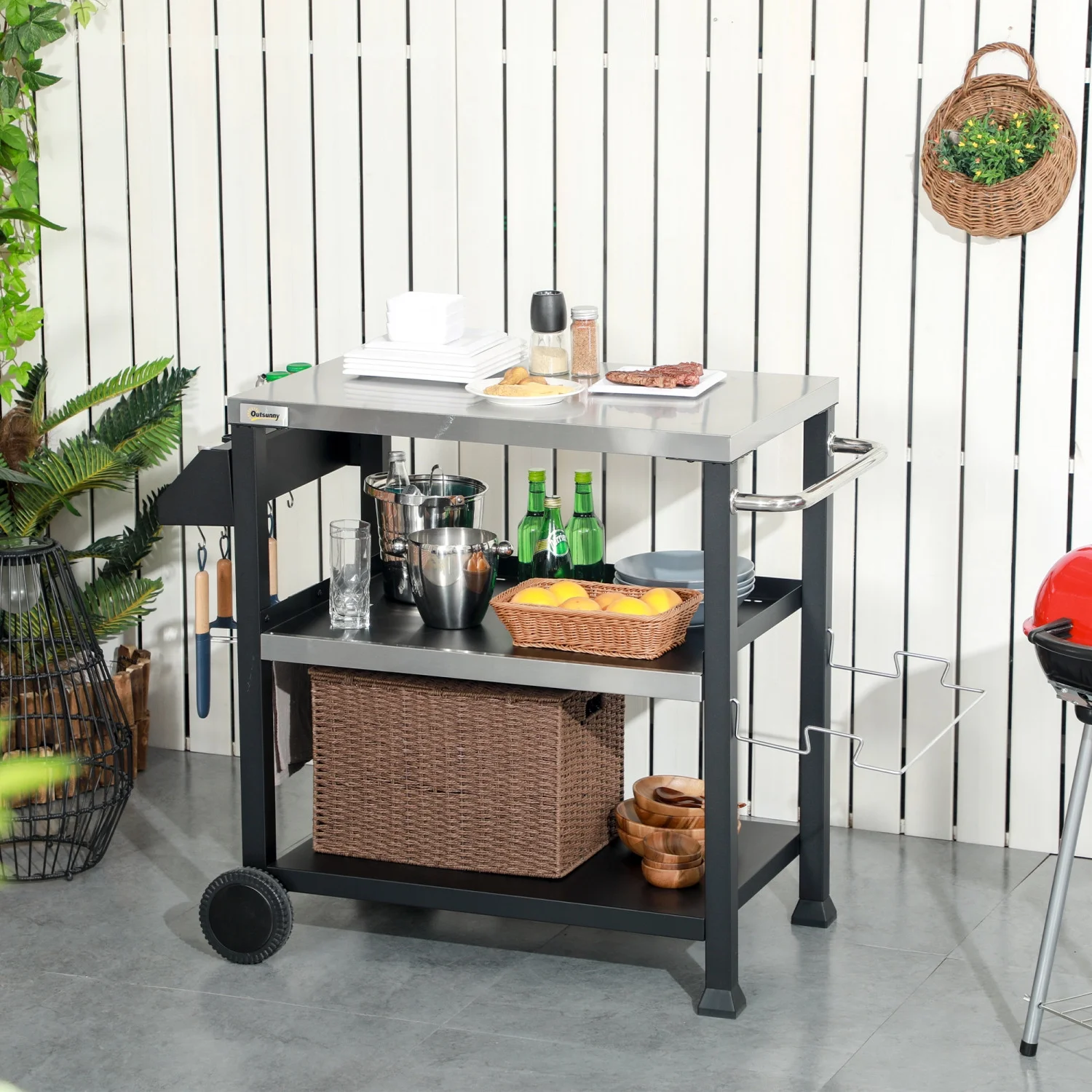 DremFaryoyo Three- Outdoor Grill Cart with Stainless Steel Tabletop  Side Handle  32” x 20.5” Multifunctional Pizza Oven Stand  Movable Food Prep  on Wheels  Black
