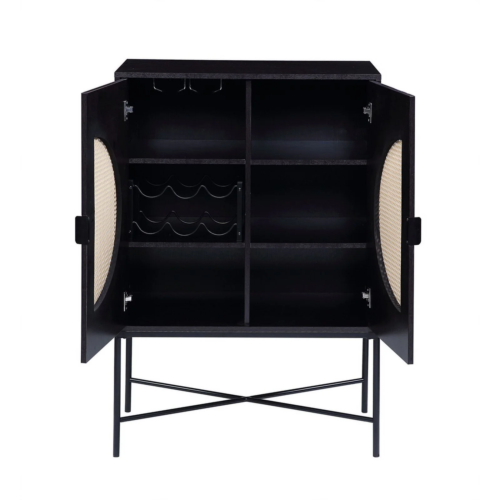 Pemberly Row 2-door Rectangular Wine Cabinet with Rattan Insert in Black