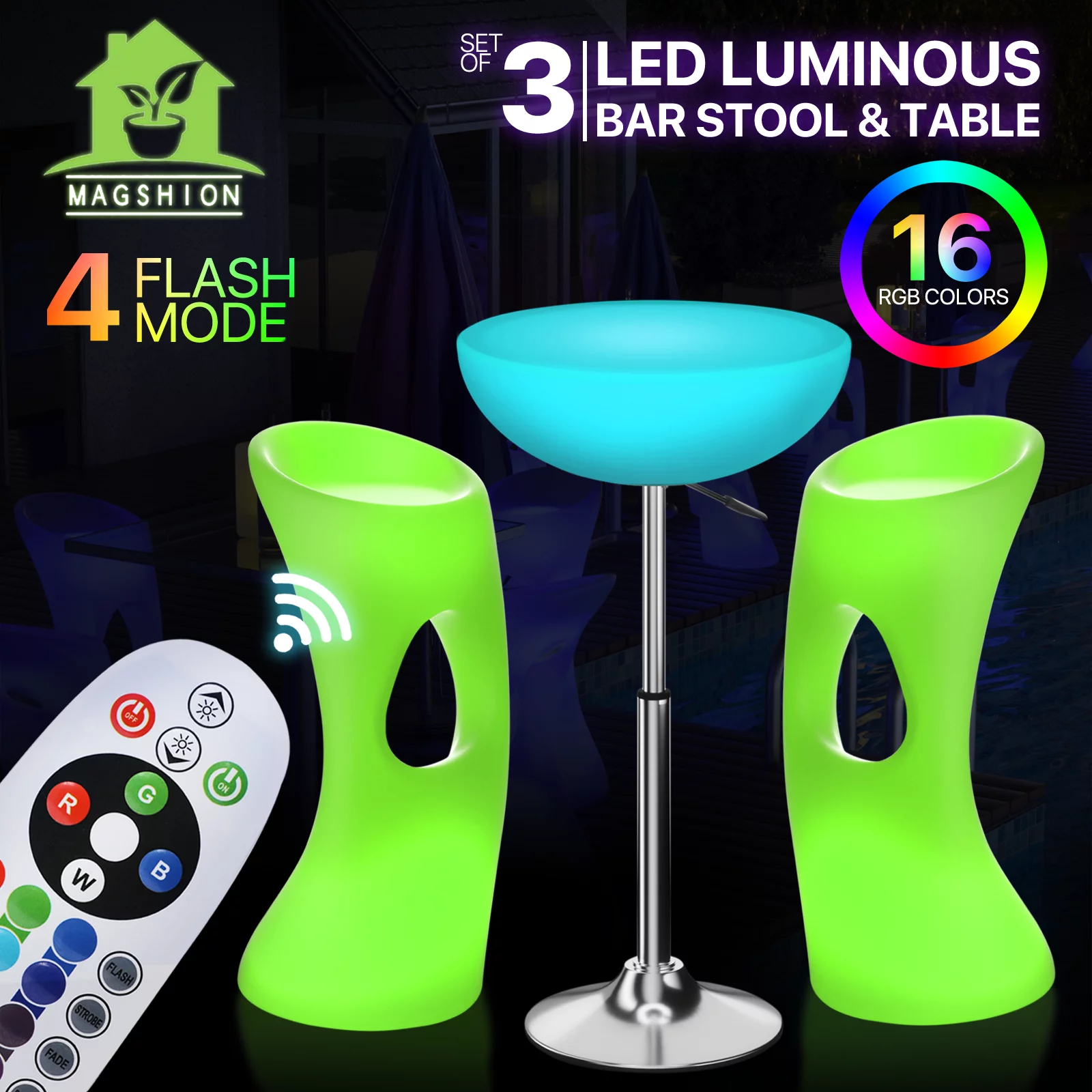 Magshion Set of 3 LED Light Up Bar Table + Stools, 16 Color Changing Rechargeable Table and Barstools with Remote Control for Club Party Cocktail