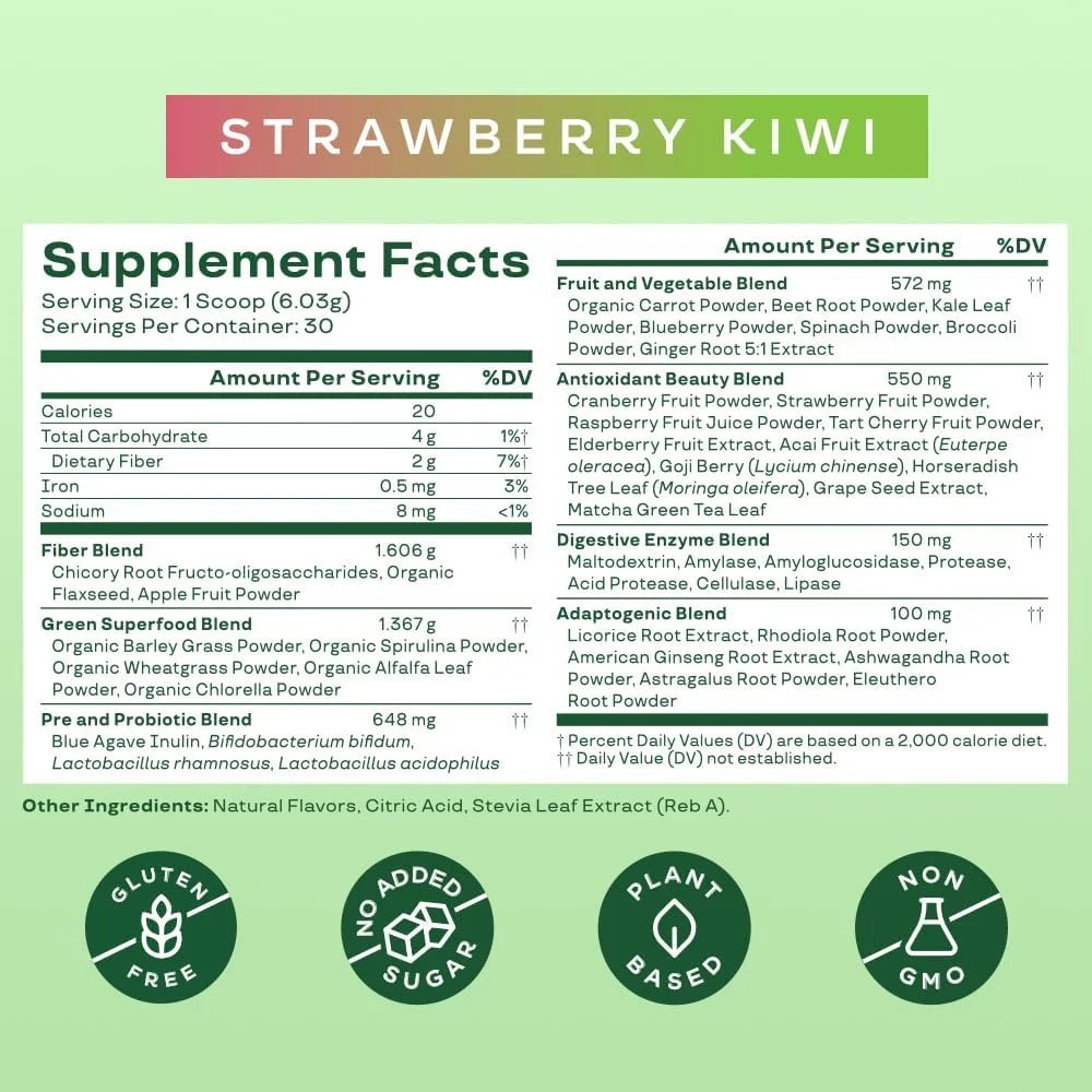Bloom Nutrition Greens & Superfoods Powder, Strawberry Kiwi, 30 Servings