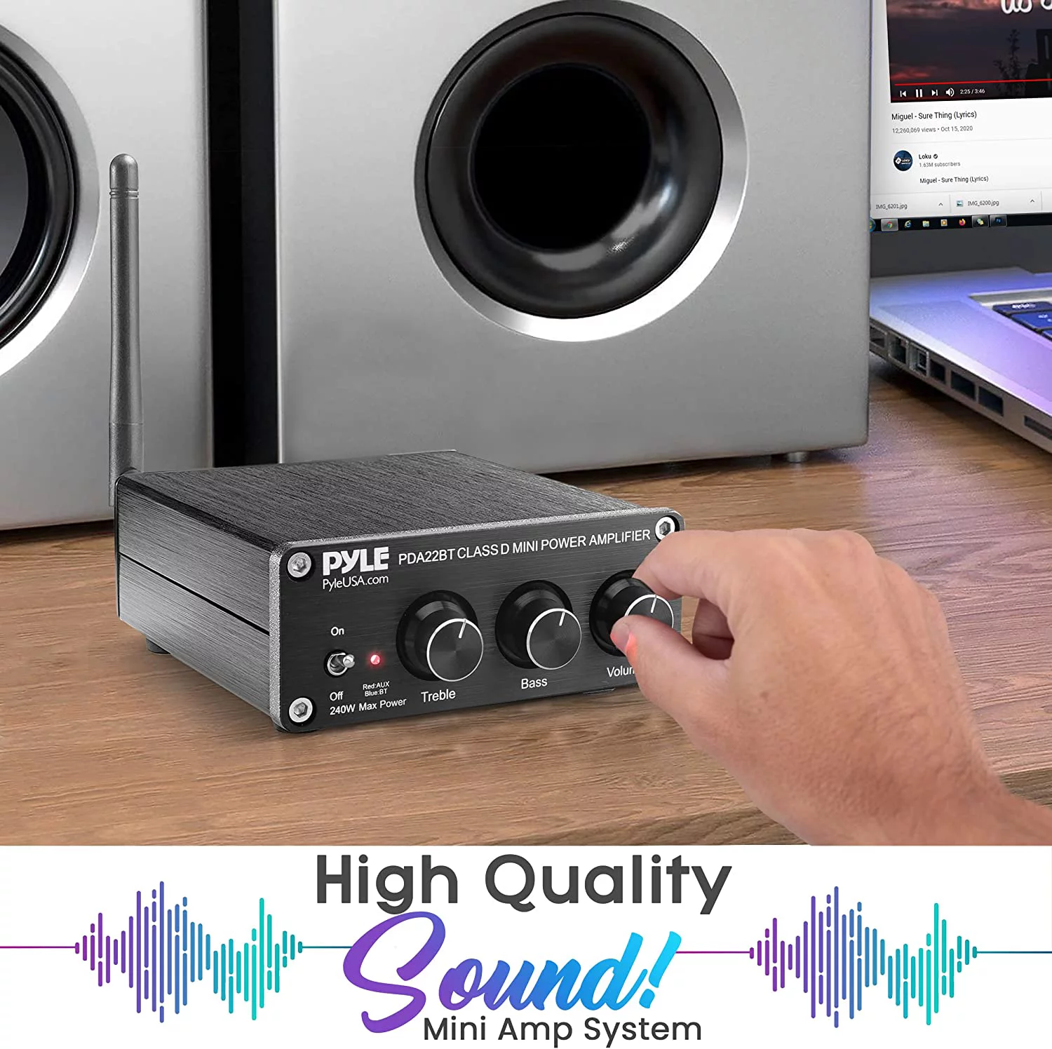 Pyle Compact Powerful Home Audio Amplifier Receiver Mini with Bluetooth 5.0 Desktop Blue Series 2 x 100 Watt for Home Speakers w/Bass &Treble Control - PDA22BT