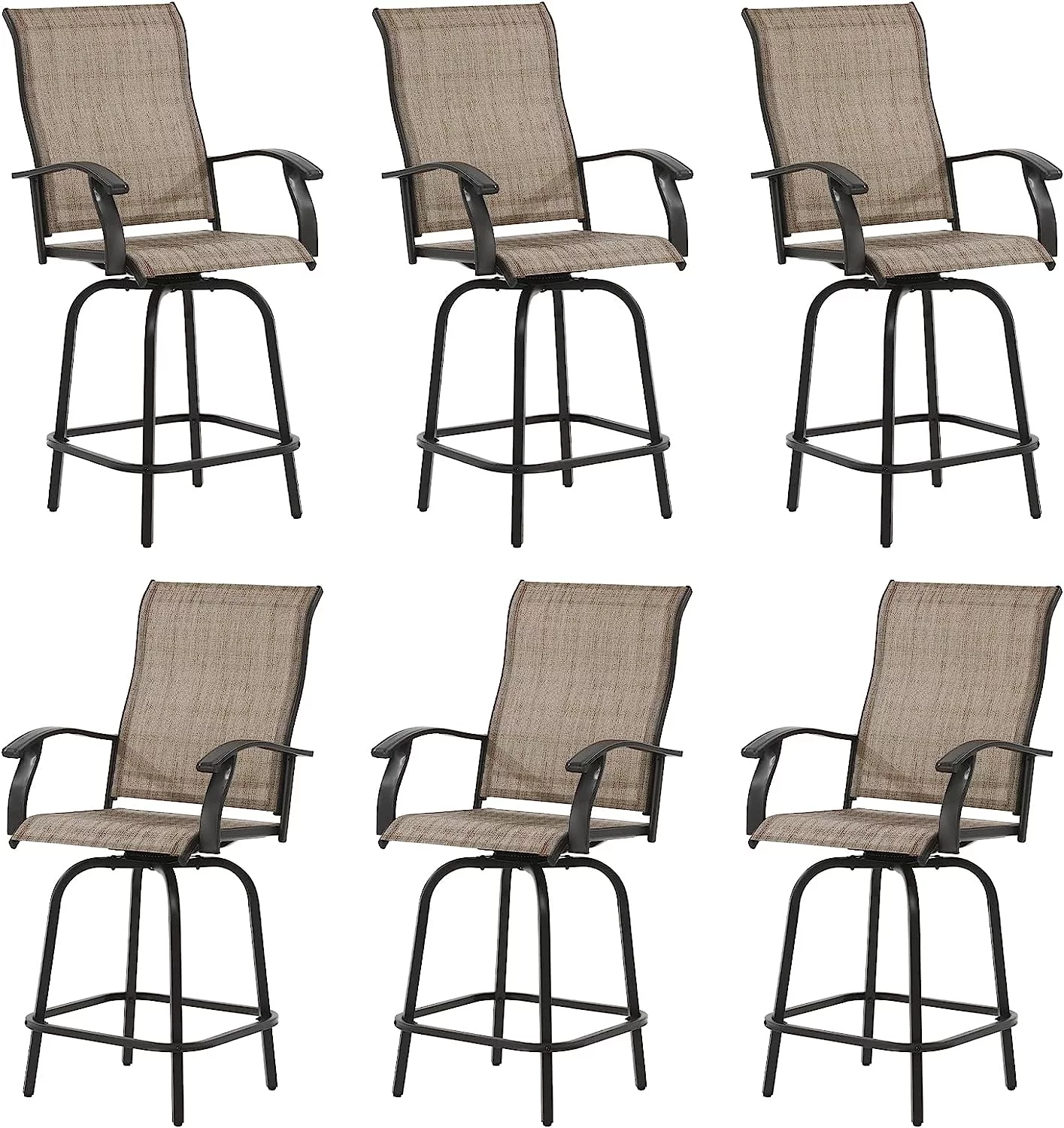 UDPATIO Patio Swivel Bar Stools Chair of 6, Outdoor Bar Heigt Set, All Weather High Back and Armrest Rocking Stools & Bar Chairs for Backyard, Lawn Garden, Balcony and Pool, Brown