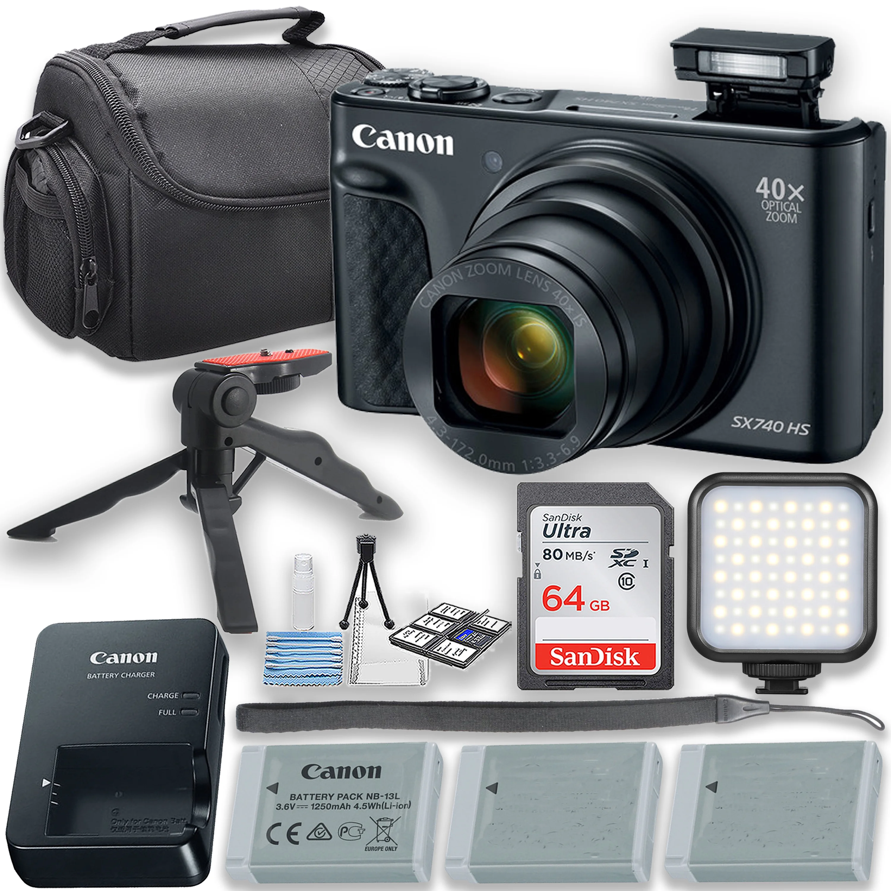 Canon PowerShot SX740 HS Digital Camera With LED Video Light + Two Extra Batteries + 64GB Memory Card + Tripod + Case & More