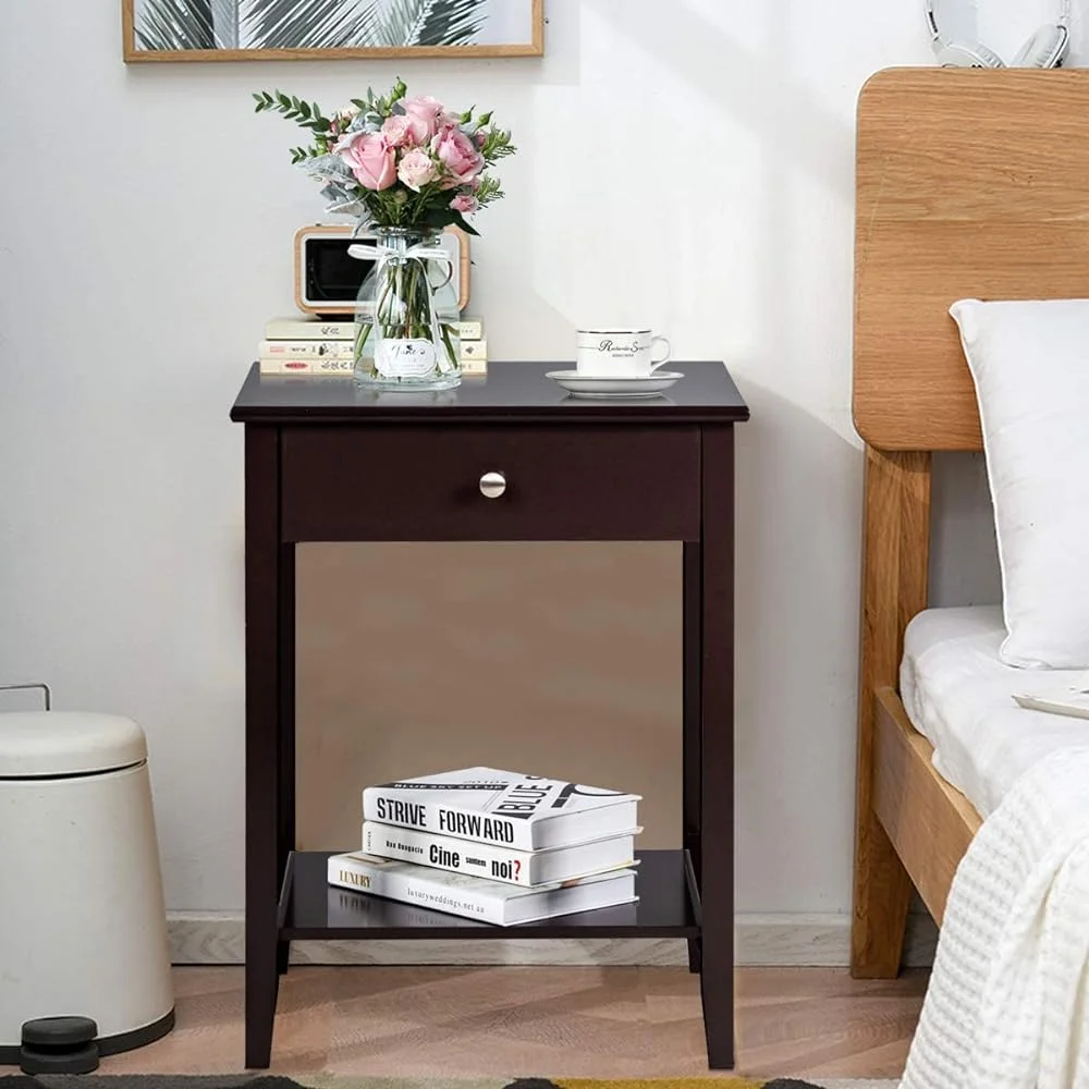 JYHOME Nightstand Wooden 2-Tier Couch Sofa  with Drawer     Solid Wood Legs Mufti-Functional Home   Room Bedroom Study Room End  (1) ()