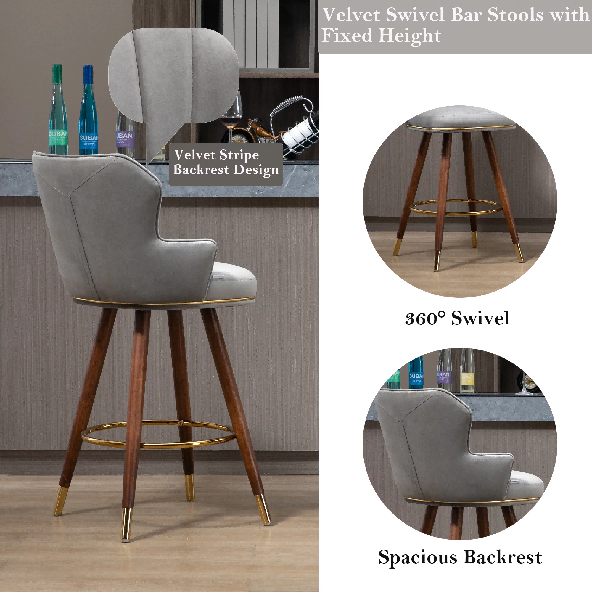 Upholstered Bar Stools, Counter Height Bar Stool Chairs with Solid Wood Legs and Backrest Kitchen Island Padded Barstools with 360-degree Footrest High Dining(Gray,Set of 2)