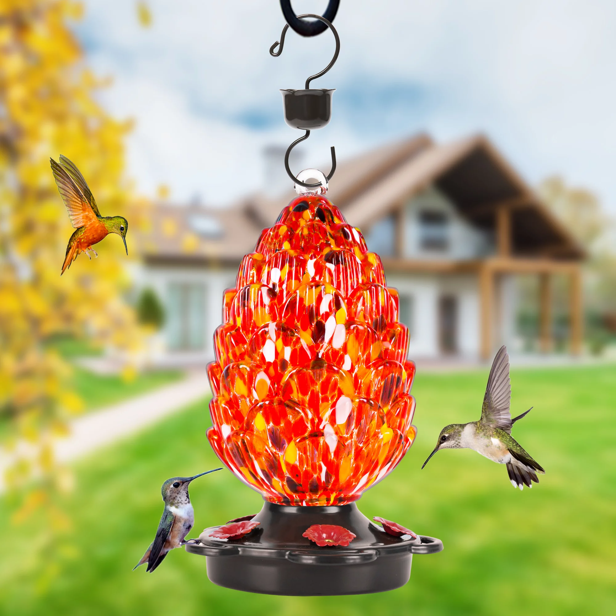 LUJII Pine Cone Shaped Hand Blown Glass Hummingbird Feeder for Outdoors Hanging, Rust Proof & Leak Proof, 25 fl.oz, Unique Gift for Bird Lover, Garden & Backyard Decor, Red