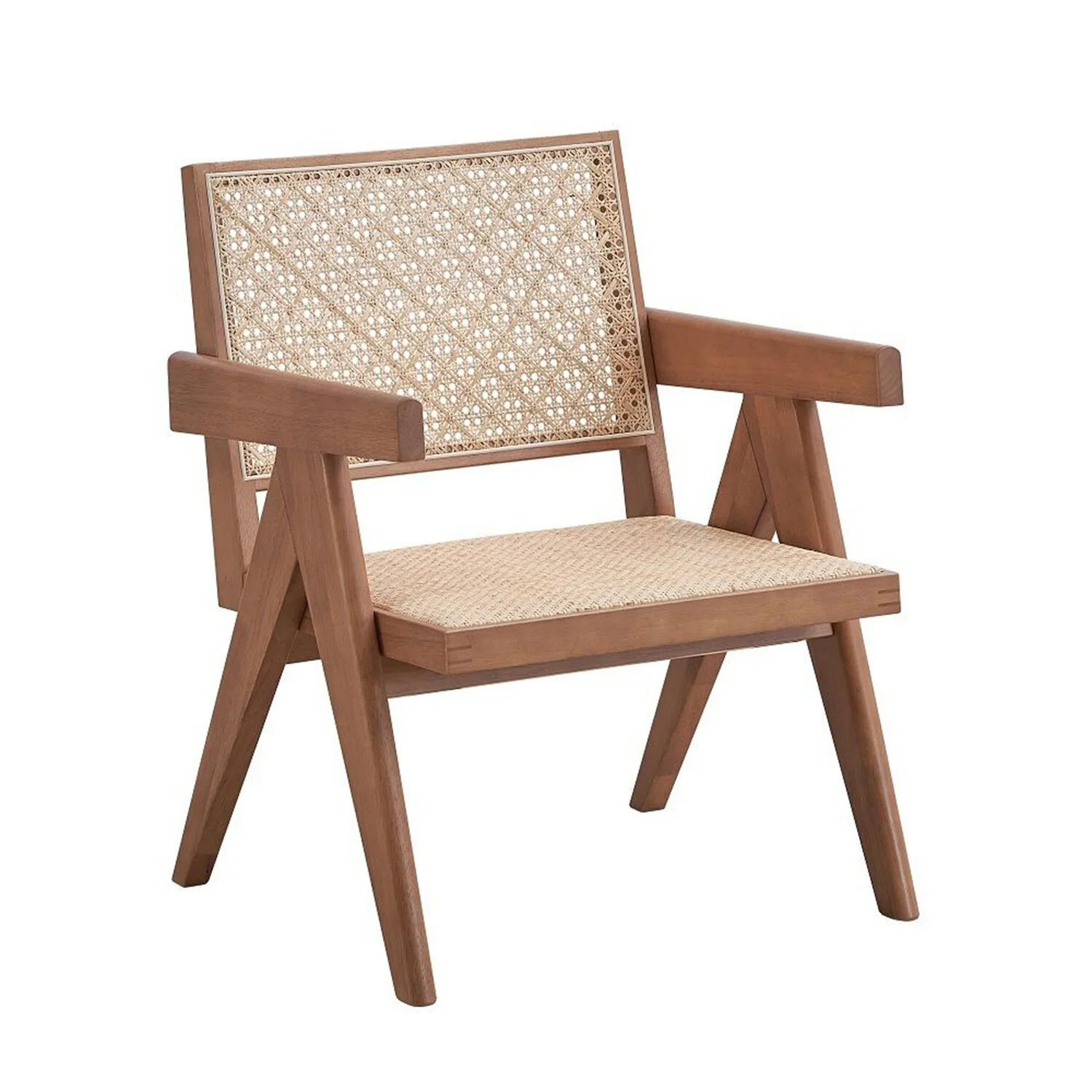 Benjara Tina 26 Inch Accent Armchair, Woven Rattan, Natural Brown Wood Finish