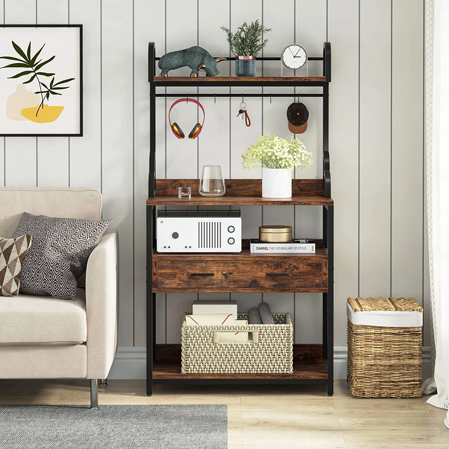 Tribesigns Kitchen Bakers Rack with Storage and Drawer, 5-Tier Microwave Stand Rack with Hutch and Hooks