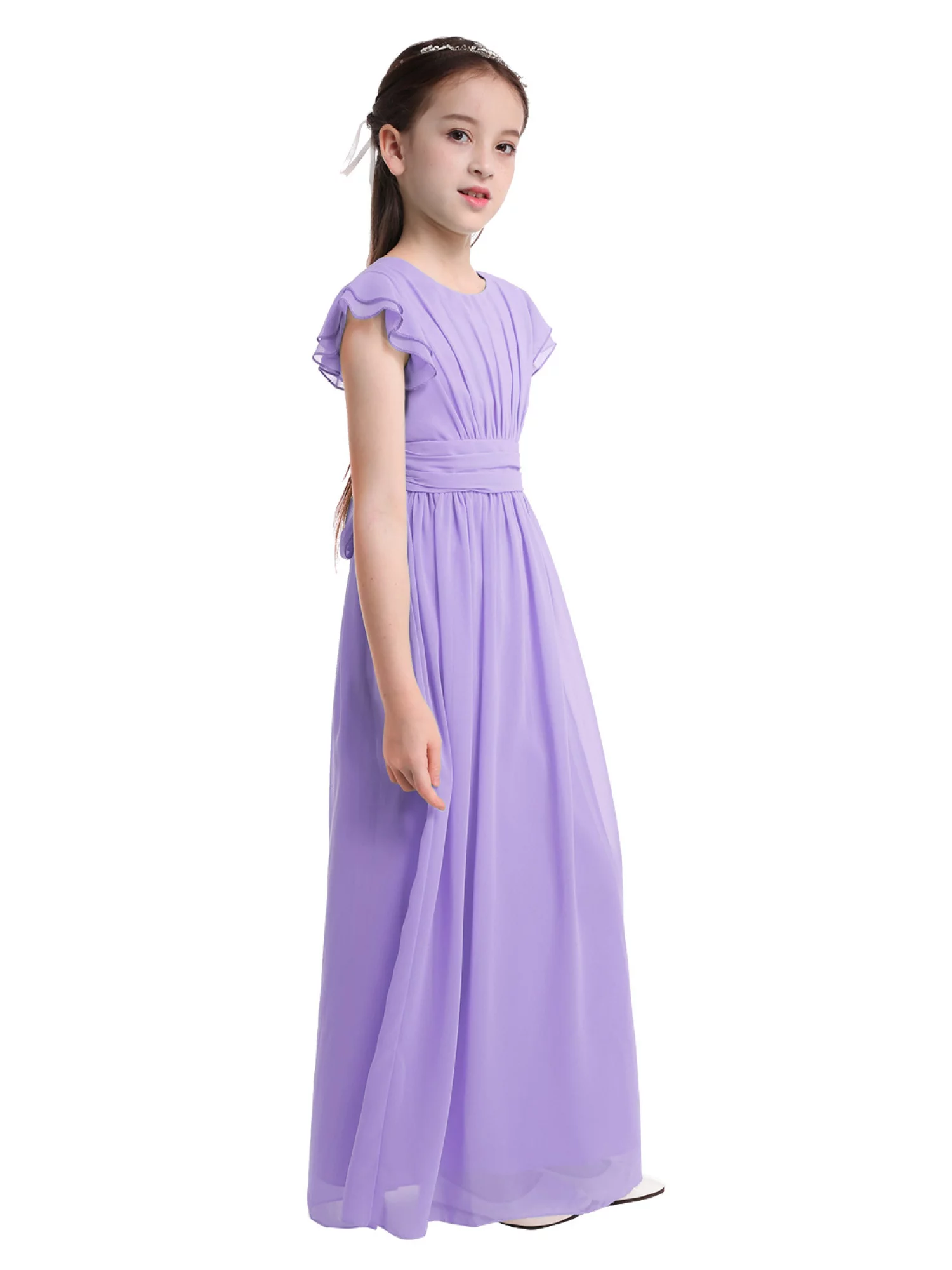 YONGHS Kids Flower Girls Flutter Sleeve Chiffon Maxi Dress Wedding Party Bridesmaid Prom Gown
