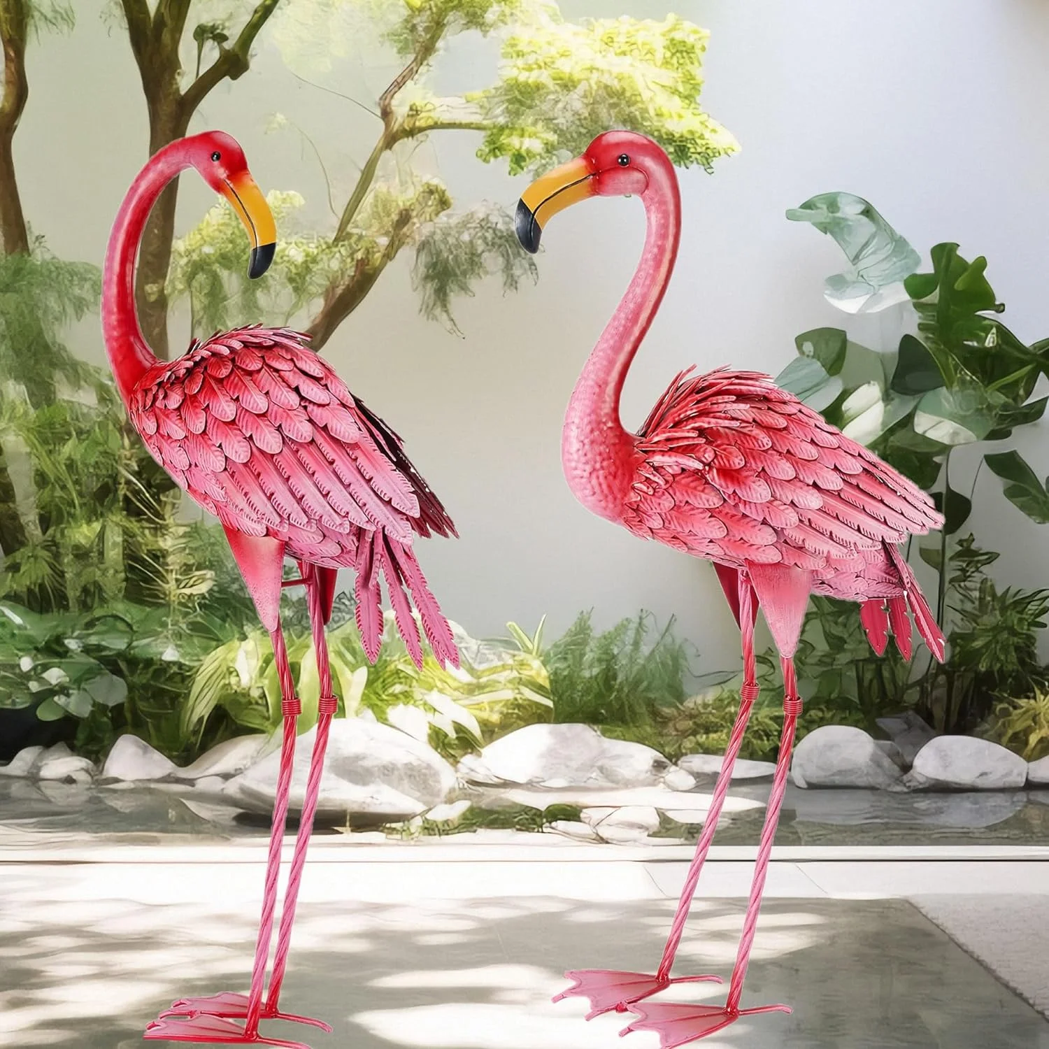 TLKJ Flamingo Garden Statue  Outdoor Statues  Pink Flamingo Sculpture  Patio  Lawn  Backyard Decorations  Decor for Outside  Metal Yard Art  Set of 2