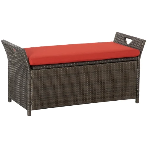 Buumin Outsunny 27 Gallon Patio Wicker Storage Bench, Outdoor PE Rattan Patio Furniture, 2-In-1 Large Capacity Rectangle Garden Storage Box with Handles and Cushion, Red