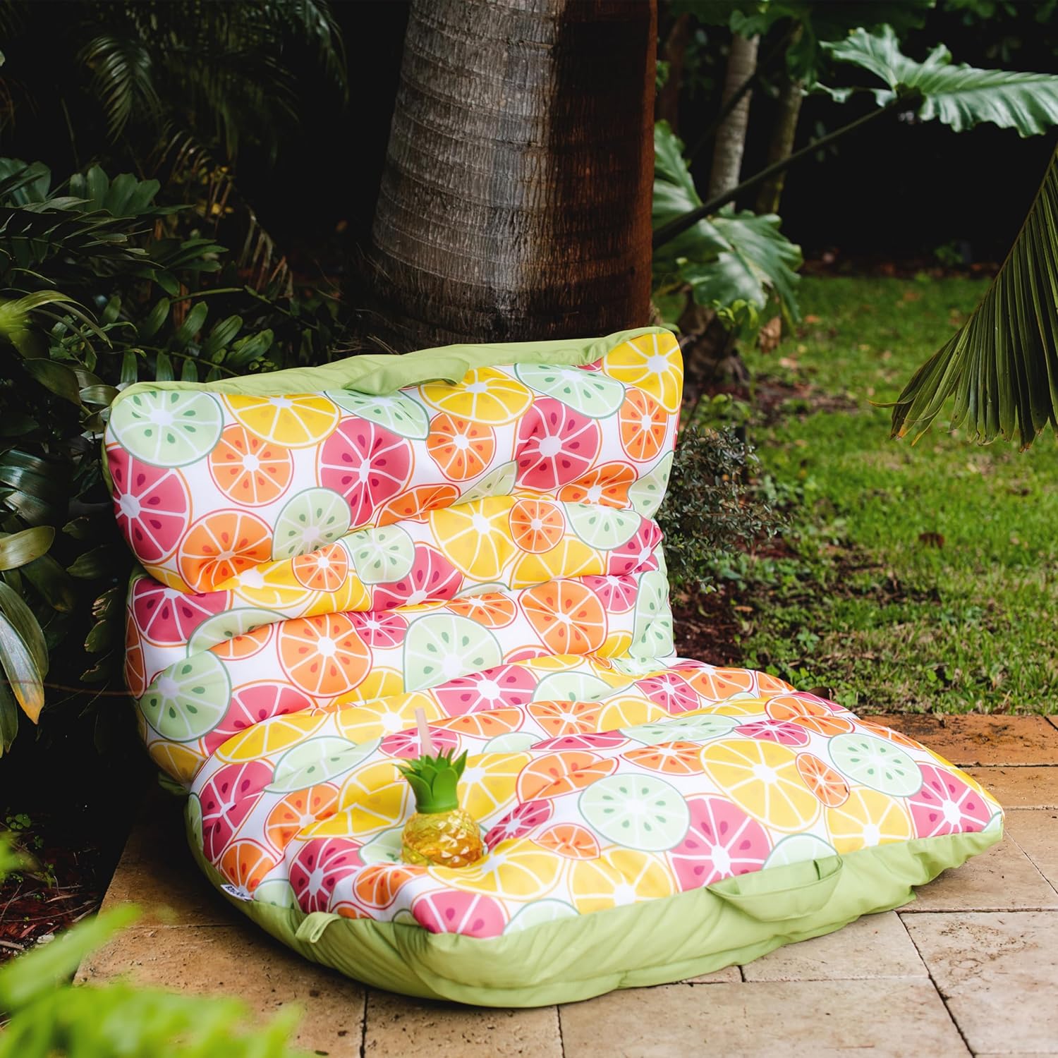 Roma Float No Inflation Needed Pool Float with Drink Holder, Citrus Burst Double Sided Mesh, Quick Draining Fabric, 3 feet