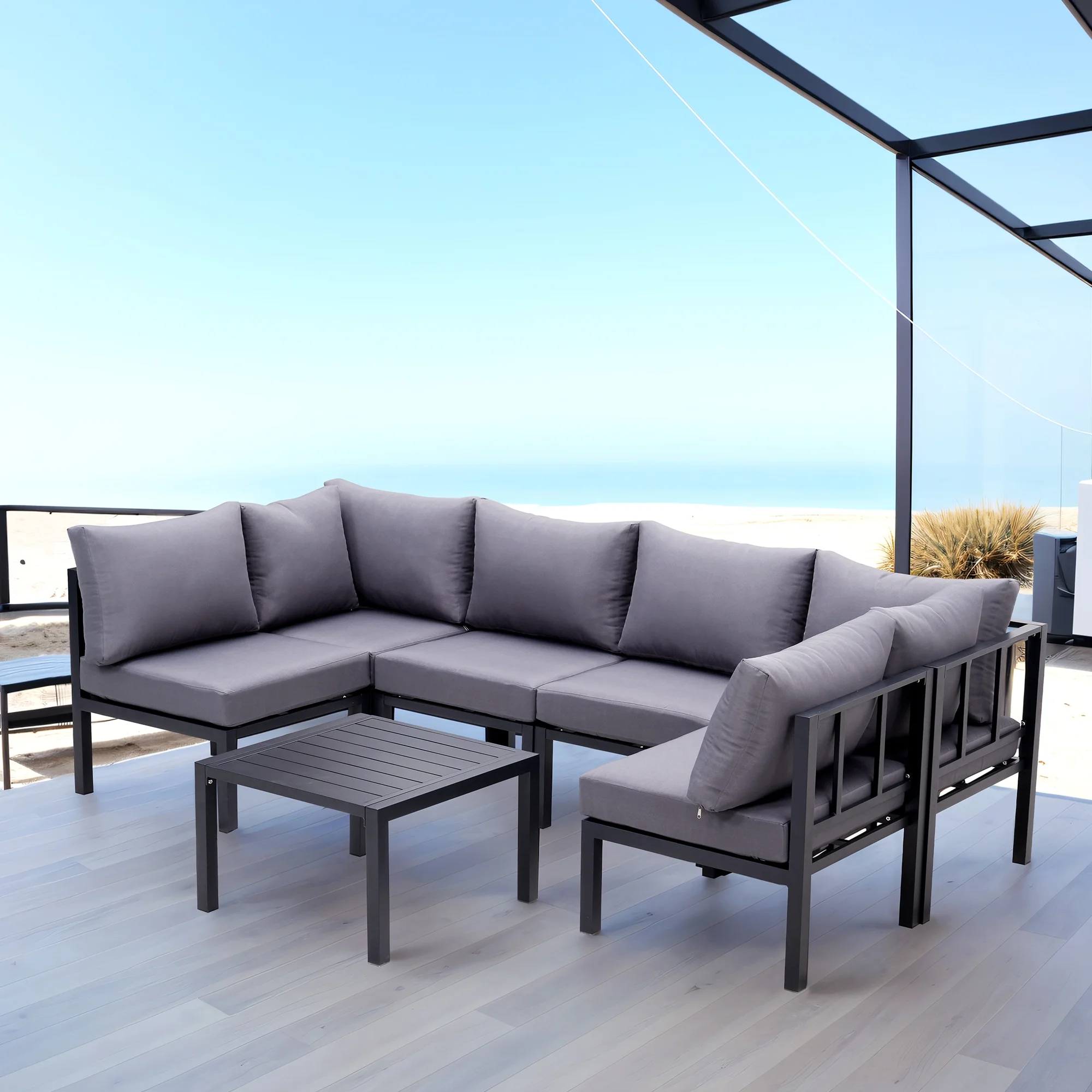 Ainfox 7 Pcs Aluminum Patio furniture Set , Outdoor Sectional Sofa with 2 Corner Chairs, 4 Middle Chairs and 1 Coffee Table, Grey