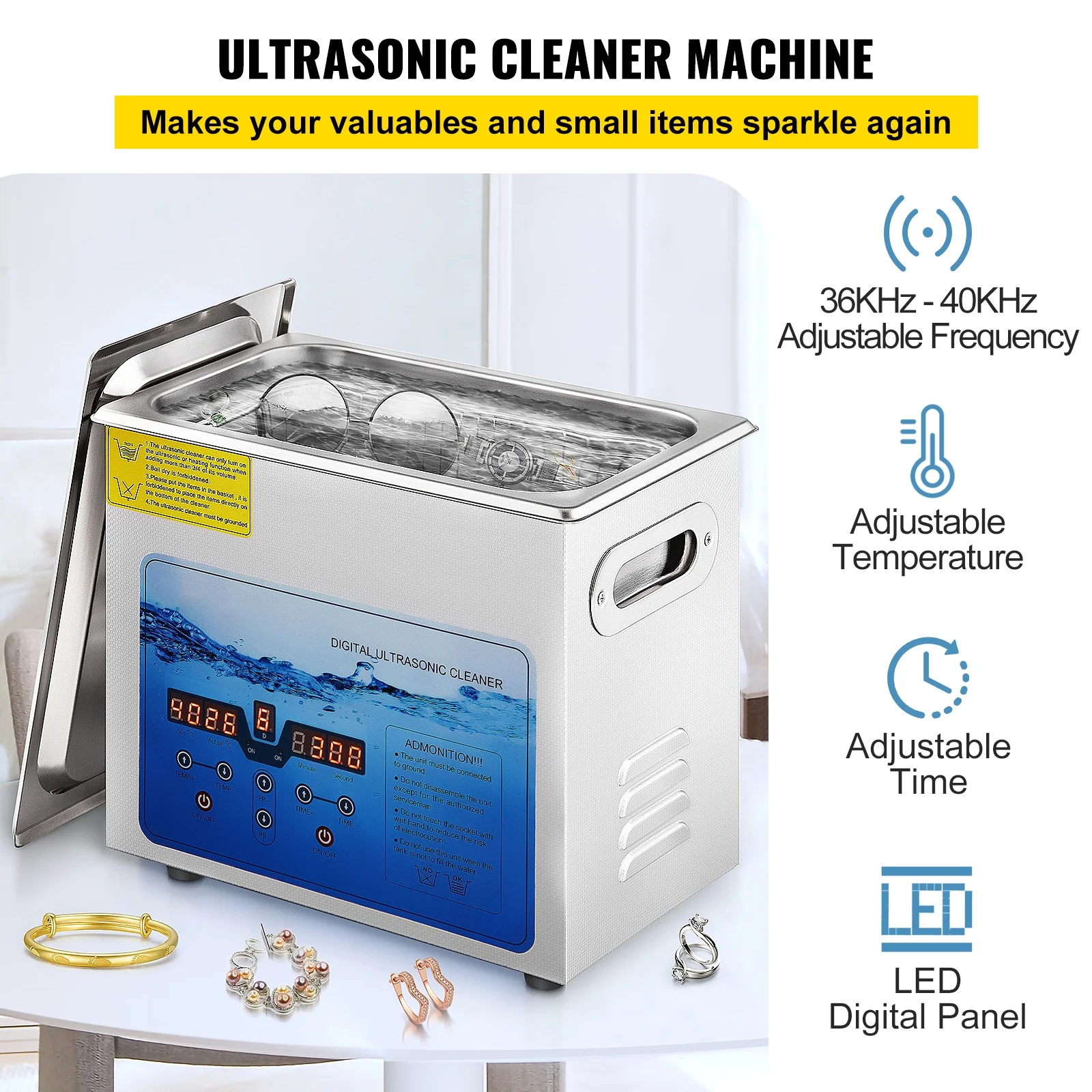 SKYSHALO Ultrasonic Cleaner Jewelry Cleaning Machine w/ Digital Timer and Heater 3L