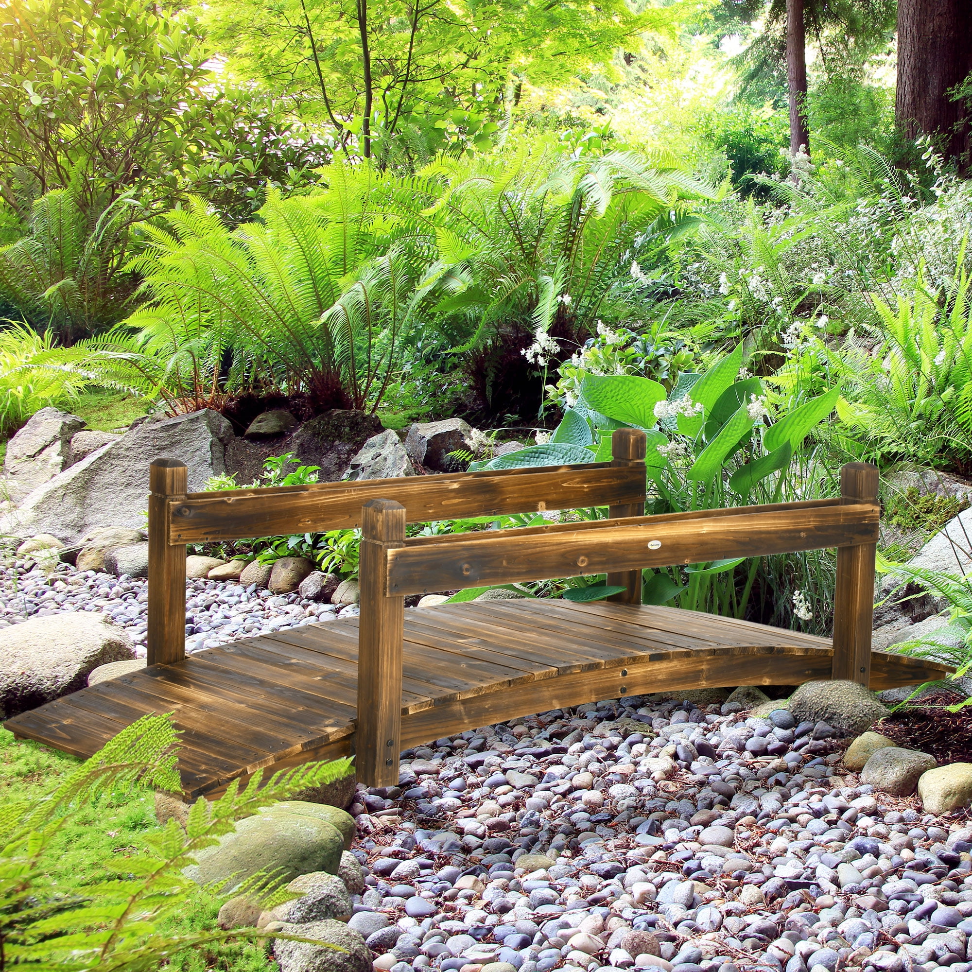 Outsunny Wooden Garden Bridge with Planters, Stained Finish Arc Footbridge