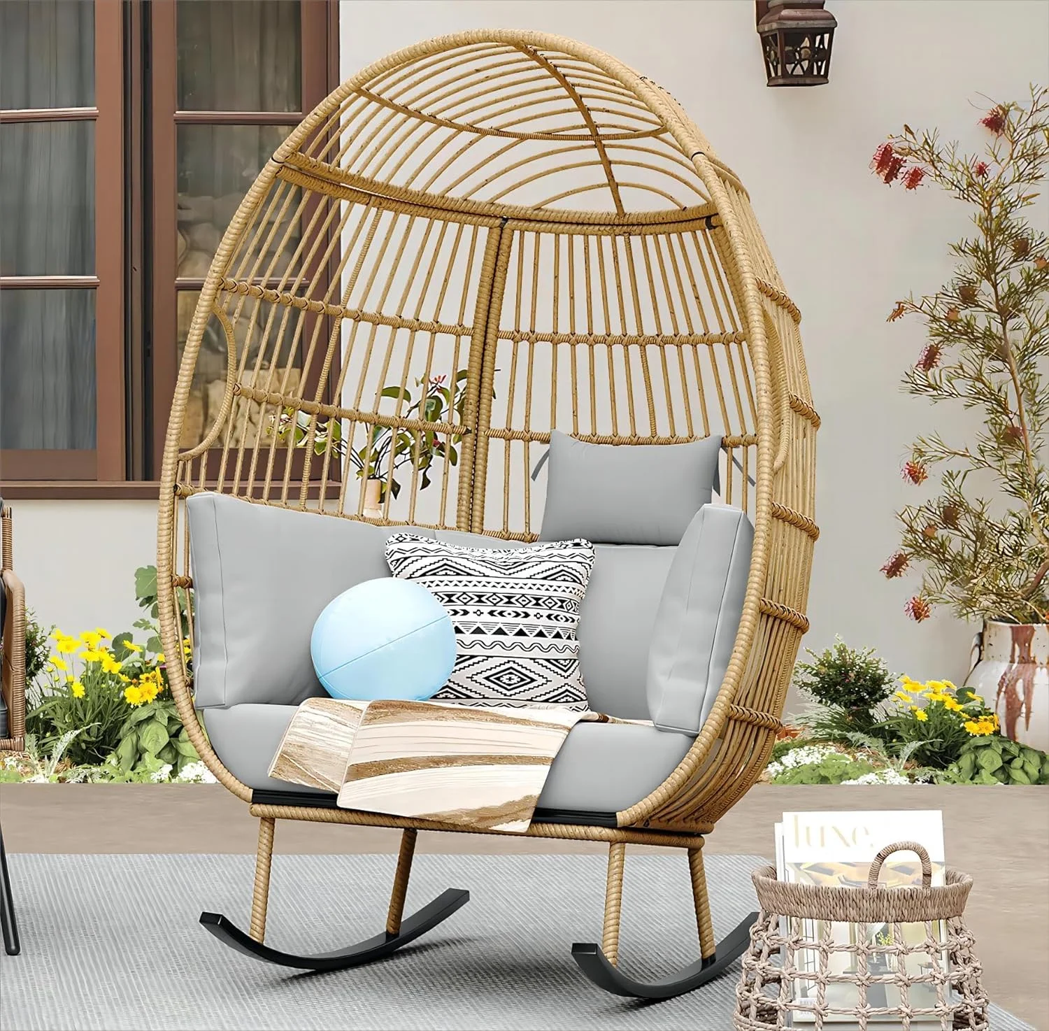 Outdoor Wicker Rocking Egg Chair, Patio Rocking Basket Chair with 370lbs Capacity, All-Weather Oversized Egg Lounger Chair for Indoor Living Room Outside Balcony Backyard - Grey