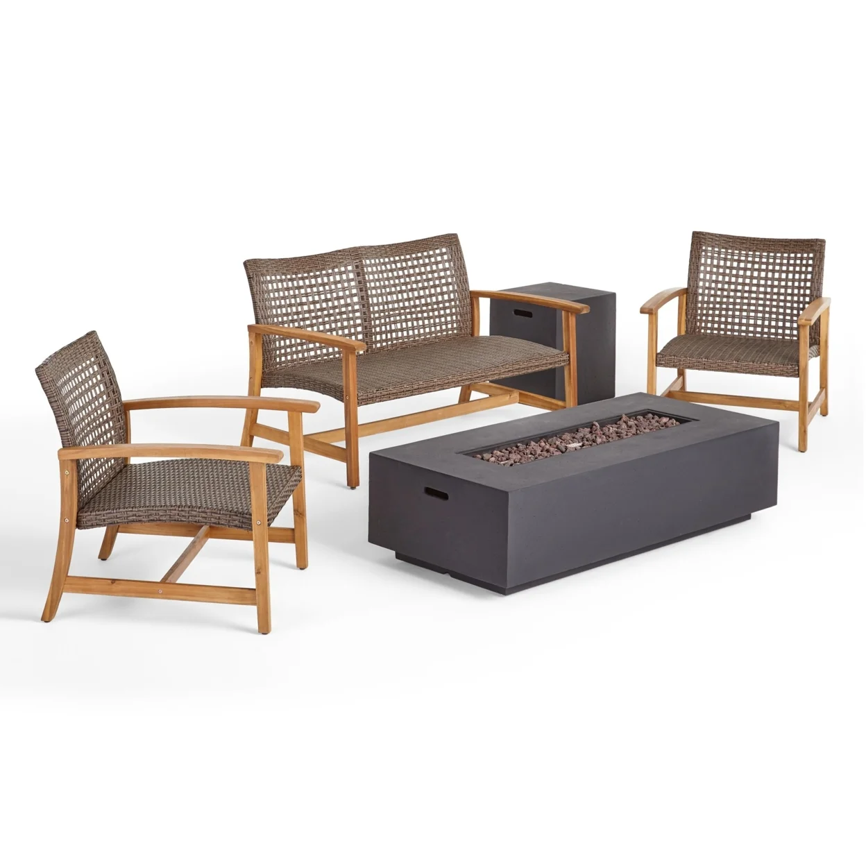 GDF Studio Allison Outdoor 5 Piece Wood and Gray Wicker Chat Set with Fire Pit