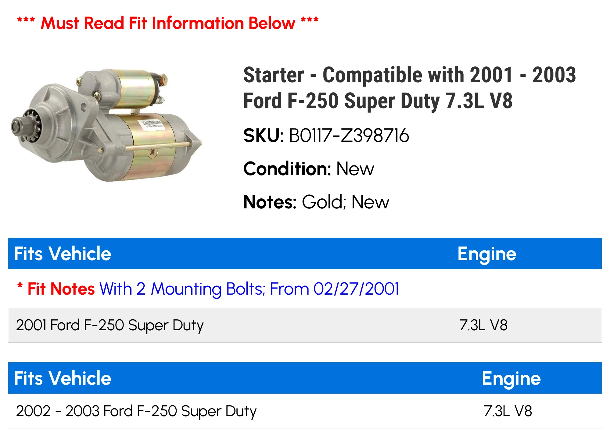 Starter - Compatible with 2001 - 2003 Ford F-250 Super Duty 7.3L V8 2002