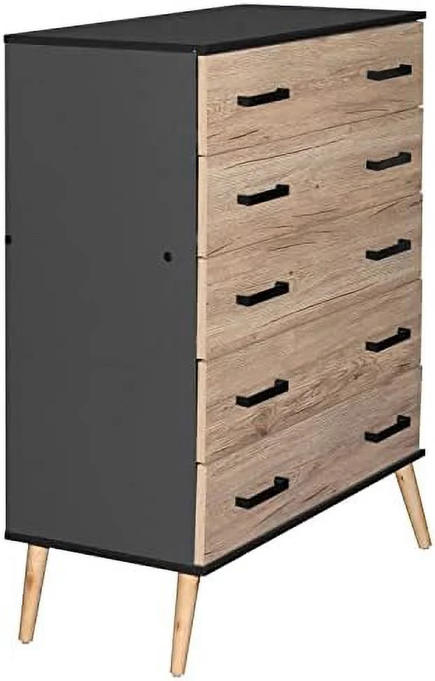 xrboomlife Eli Mid-Century Modern 5 Drawer Chest in White & Natural Oak