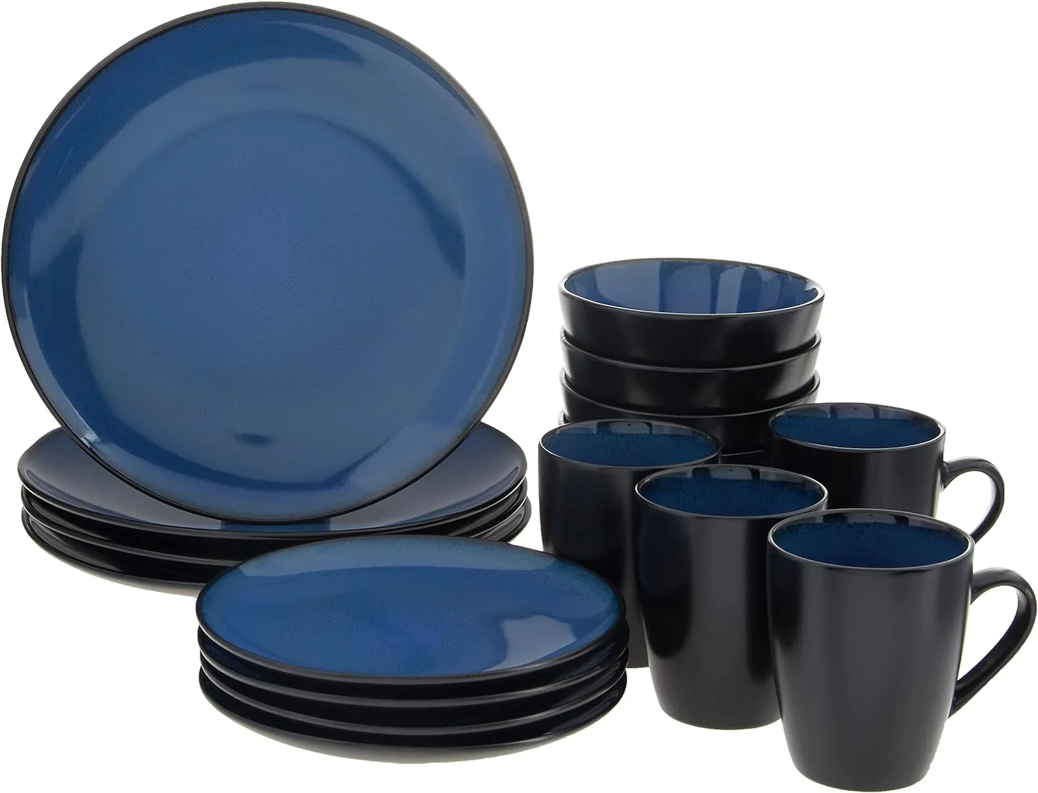 Round Reactive Glaze Stoneware Dinnerware Set, Service for 4 (16pc), Blue, Soho Round.