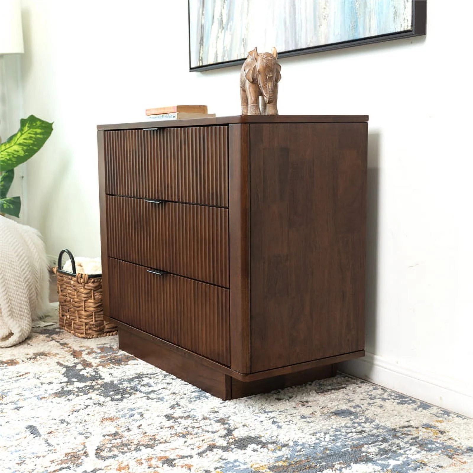Carla Mid Century Modern Solid Wood Walnut Nightstand with 3 Drawers