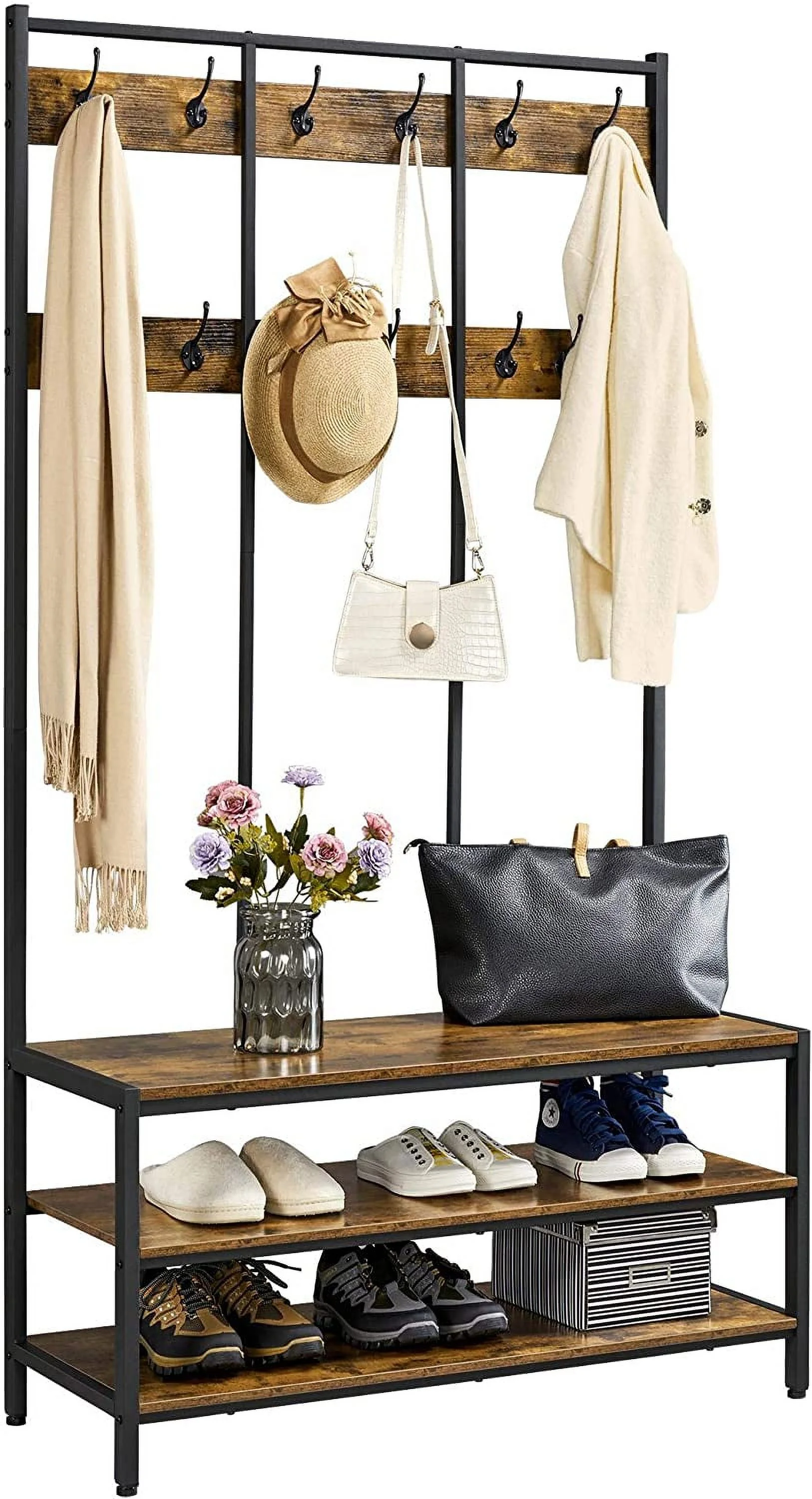 Hall Tree Entryway Bench, Industrial Coat rack with Shoe Bench, 3-in-1 Hall Tree with 2 Shelves & 24 Hooks, Shoe Rack Organizer, Metal Frame, Rustic Brown