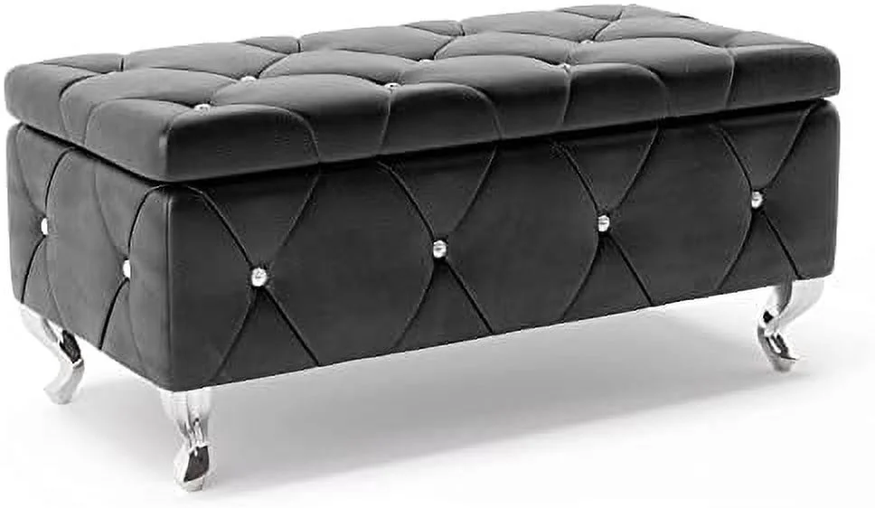 TQJKLFDY Ottoman  23'' Upholstered Silver Faux Leather Ottoman with Crystal Tufted Button  Flip Top Foot  Bench for Bedroom End of Bed  Living Room
