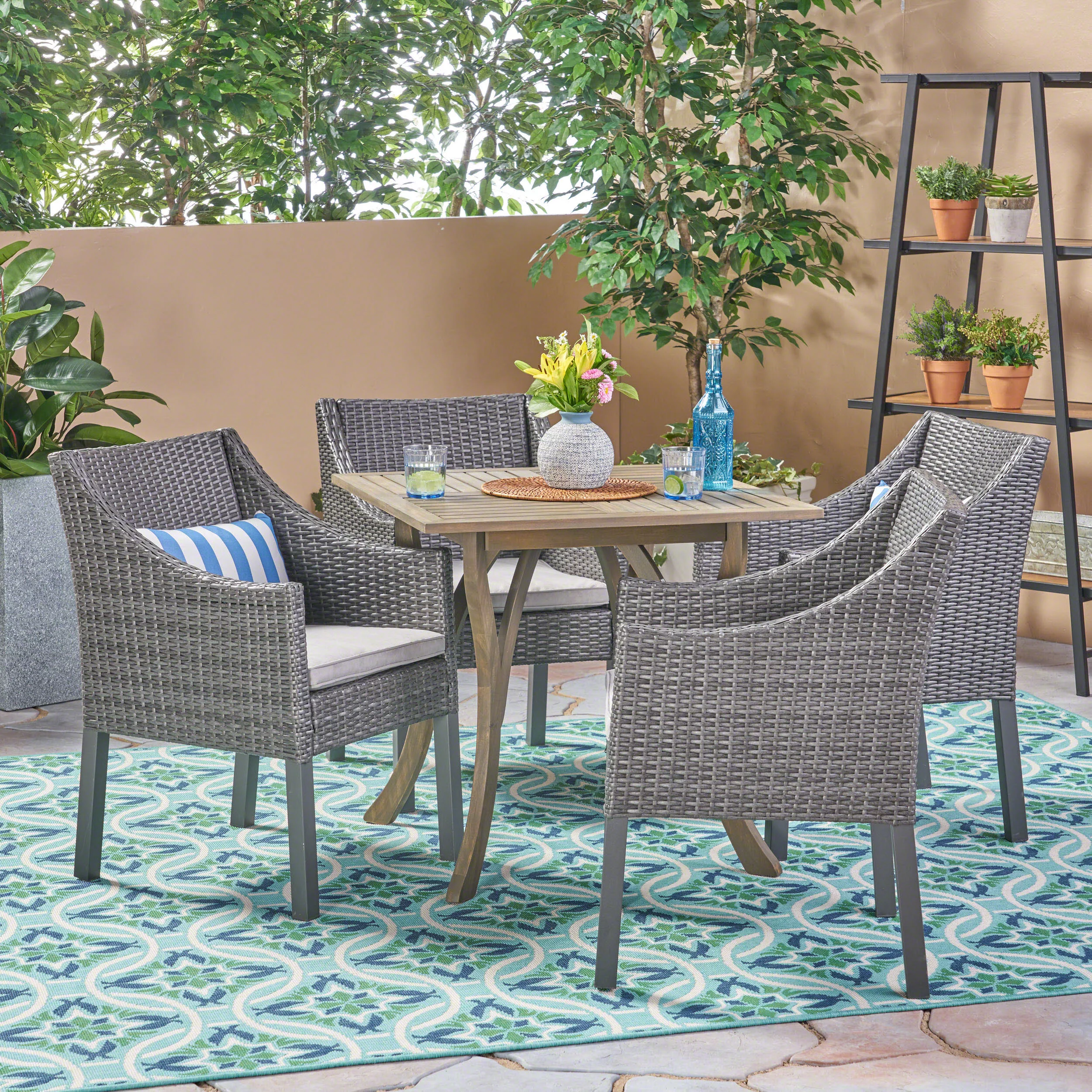Holland Outdoor 5 Piece Acacia Wood and Wicker Dining Set with Cushions, Gray, Gray, Silver