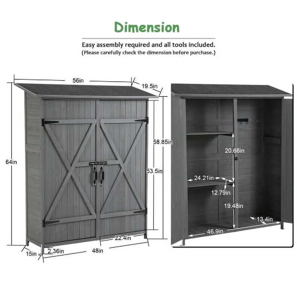 Outdoor Storage Cabinet with Lockable Door, Wooden Tool Shed with Detachable Shelves and Pitch Roof, Gray