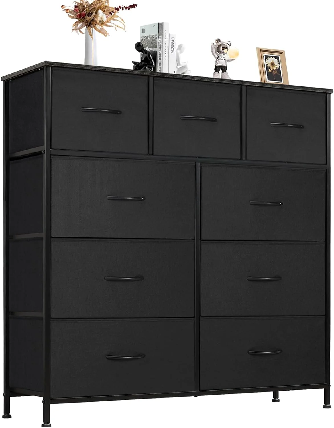 Dresser for Bedroom with 9 Fabric Drawers, Tall Chest Organizer Units for Clothing, Closet, Kidsroom, Storage Tower with Cabinet, Metal Frame, Wooden Top, Lightweight Nursery Furniture, Black
