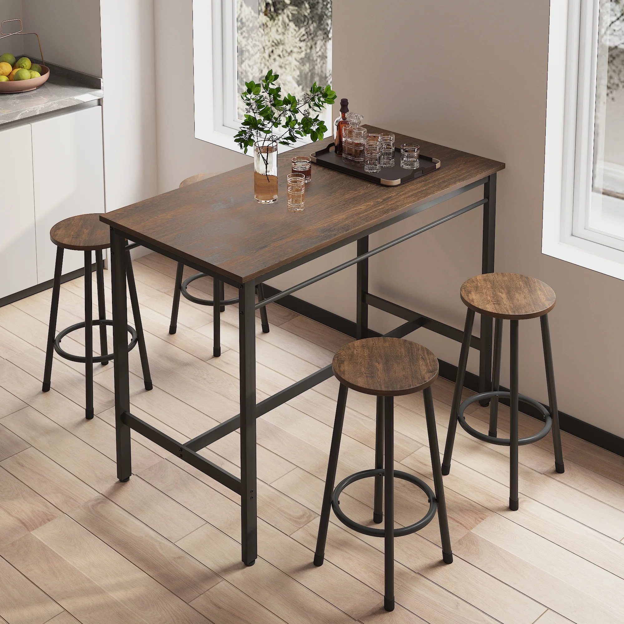 Bornmio 5-Piece Kitchen Counter Height Table Set, Bar Table with 4 Stools (Rustic Brown)