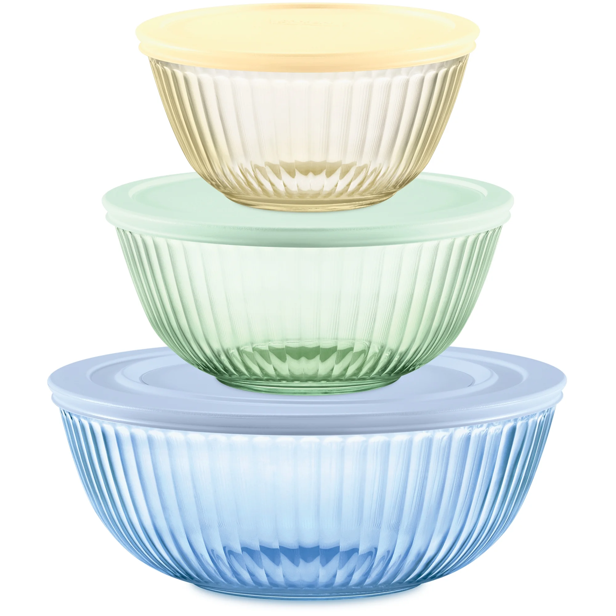 Pyrex Sculpted Tinted 6-Piece Glass Mixing Bowl Set with Airtight Plastic Lids, 1.3qt Amber/2.3qt Green/4.5qt Blue